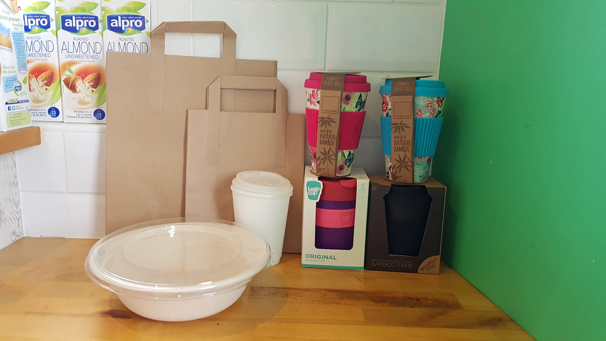 Recycling bags, bowls, compostable cups and reusable cups.