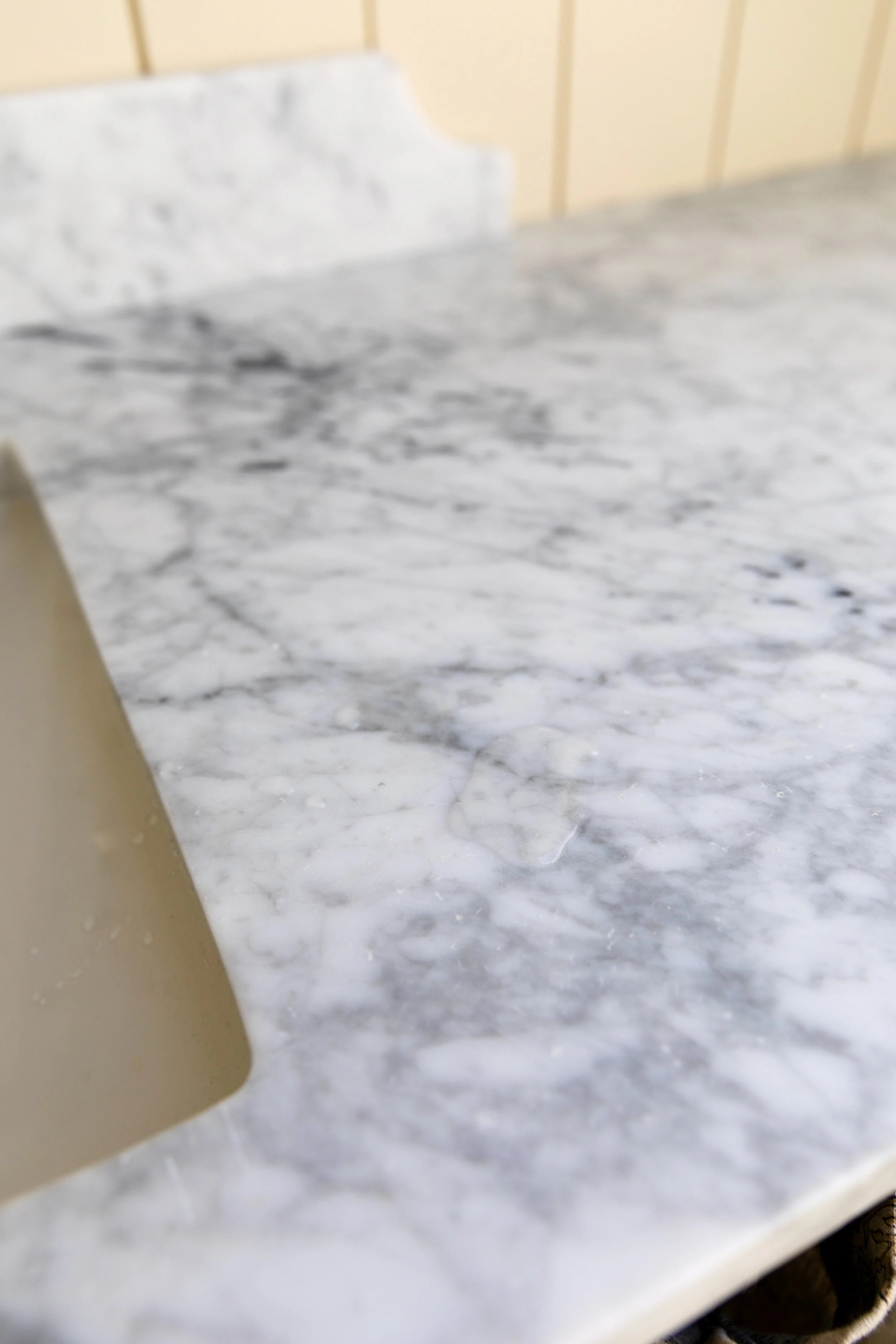 Bathroom marble countertop in daily use in our Hill House hall bath