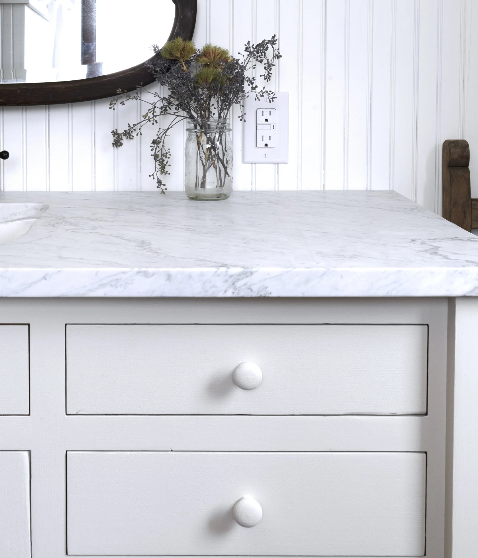 The Grit and Polish - Farmhouse Bathroom vanity painted Valspar September Fog.jpg