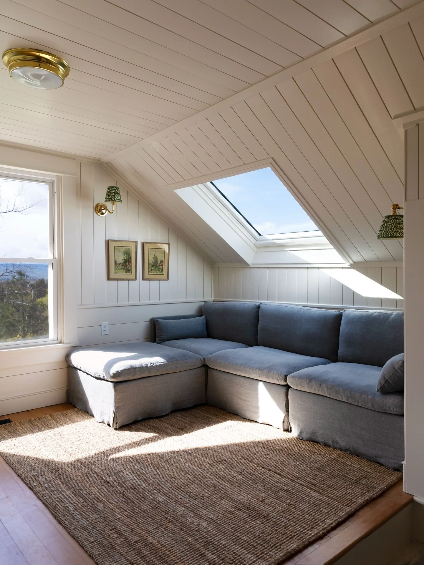 Our little upstairs snug is starting to feel like a real room! Hard to believe this space was once part of a bedroom. Soft, simple, cozy, and tucked right under the eaves, I already know it&rsquo;ll be one of the most used spots in the Hill House 😊
