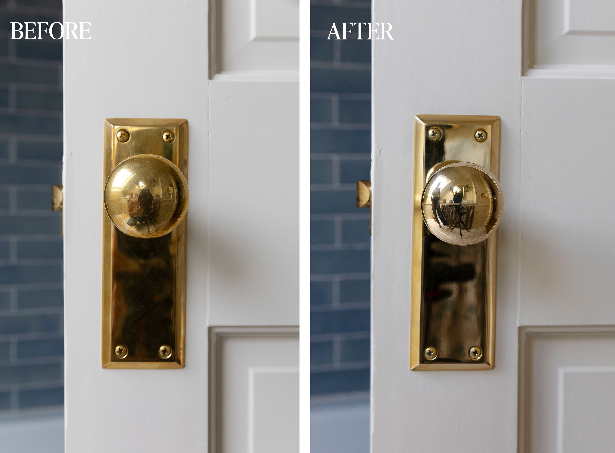 Before and after comparison of a naturally patinated unlacquered brass doorknob after polishing