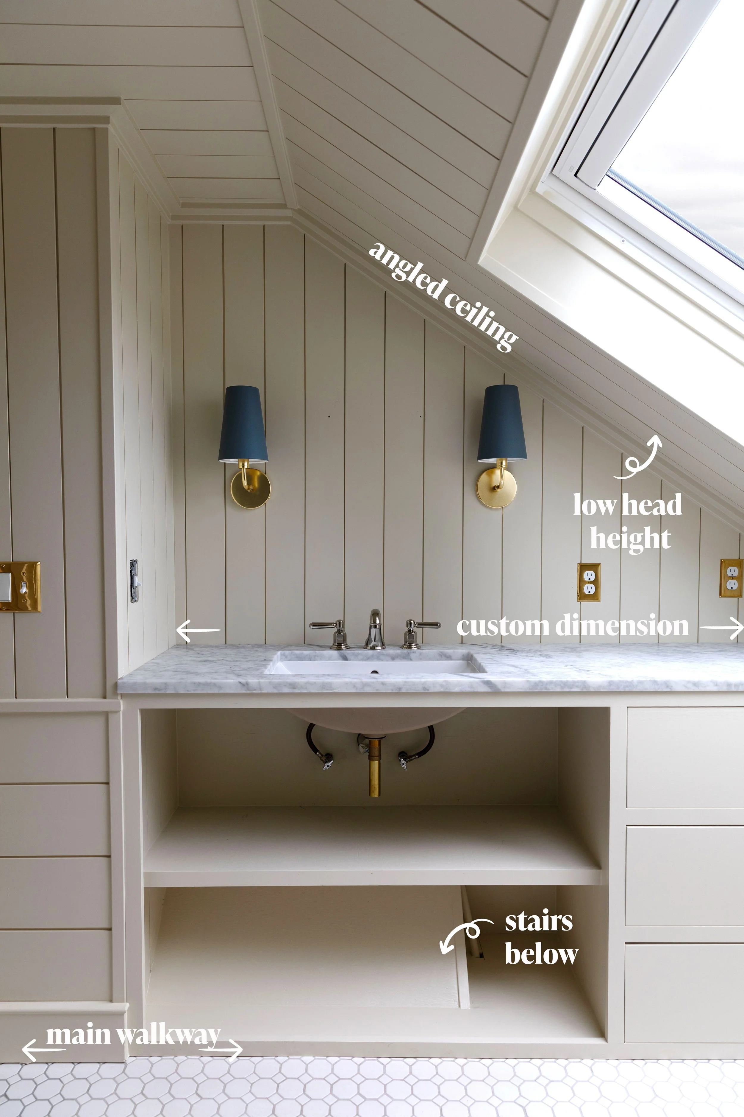 Hill House hall bathroom vanity before the cabinet skirt showing why a standard vanity solution did not fit this old house layout
