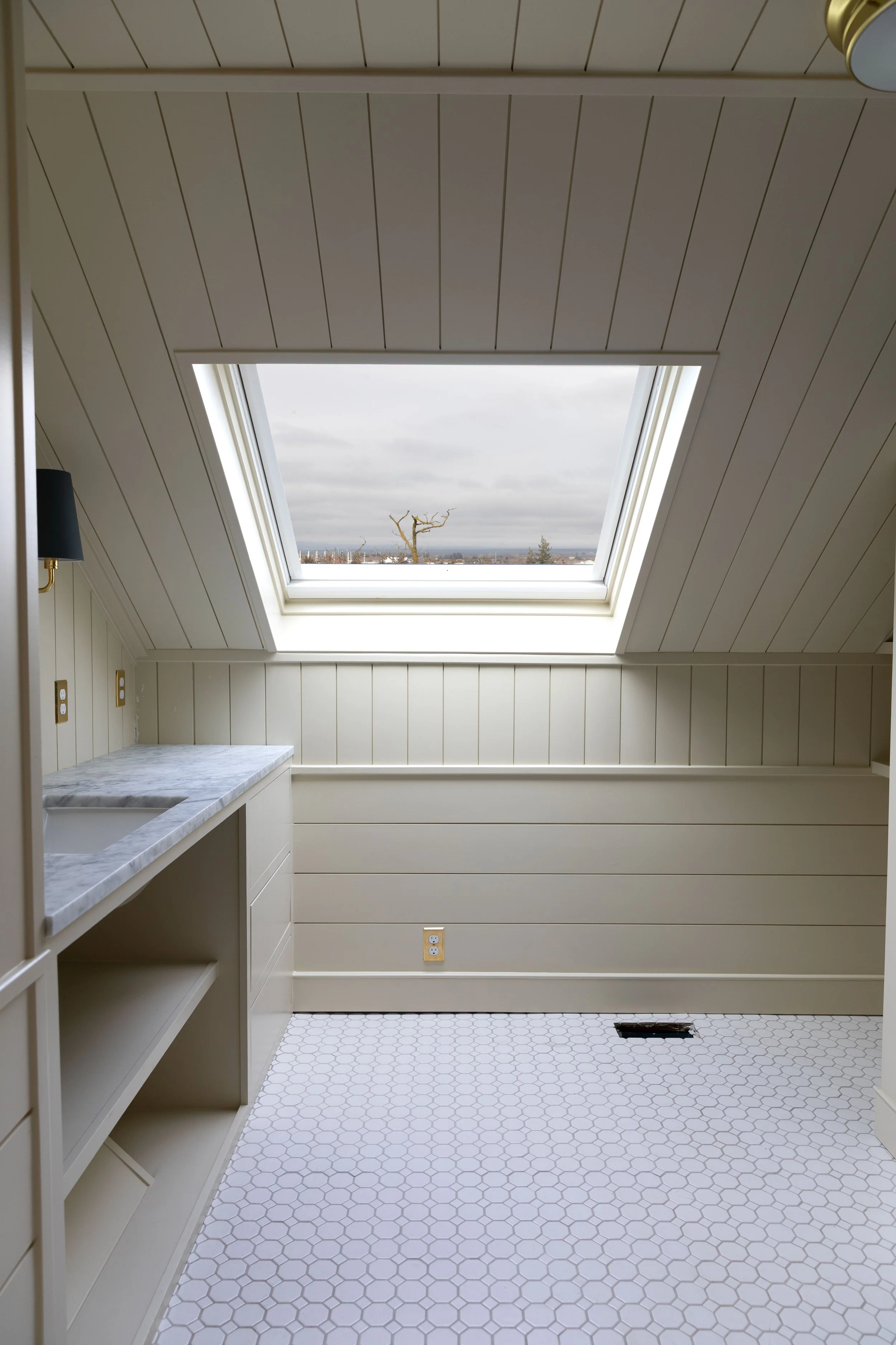 Hall bathroom progress at the Hill House with new skylight installed