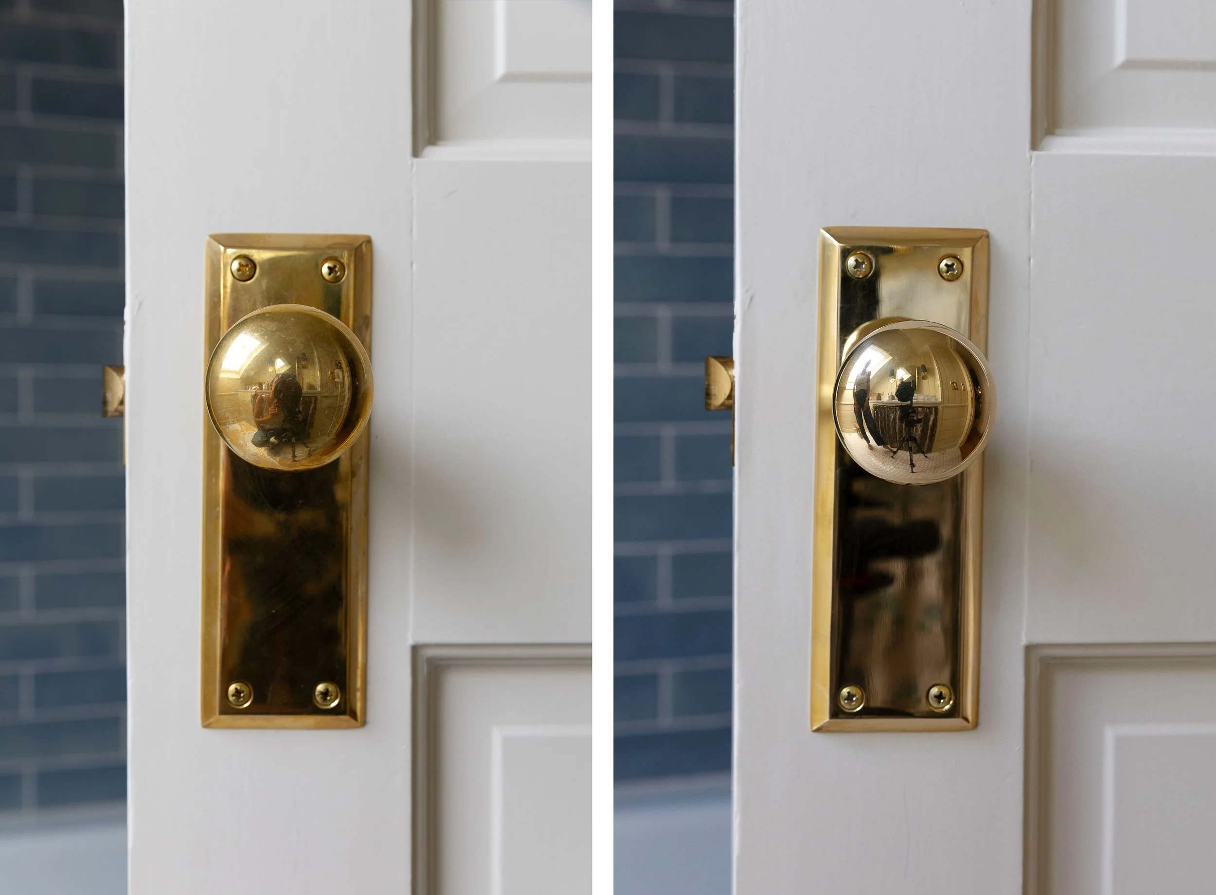 Before and after comparison of a naturally patinated unlacquered brass doorknob after polishing