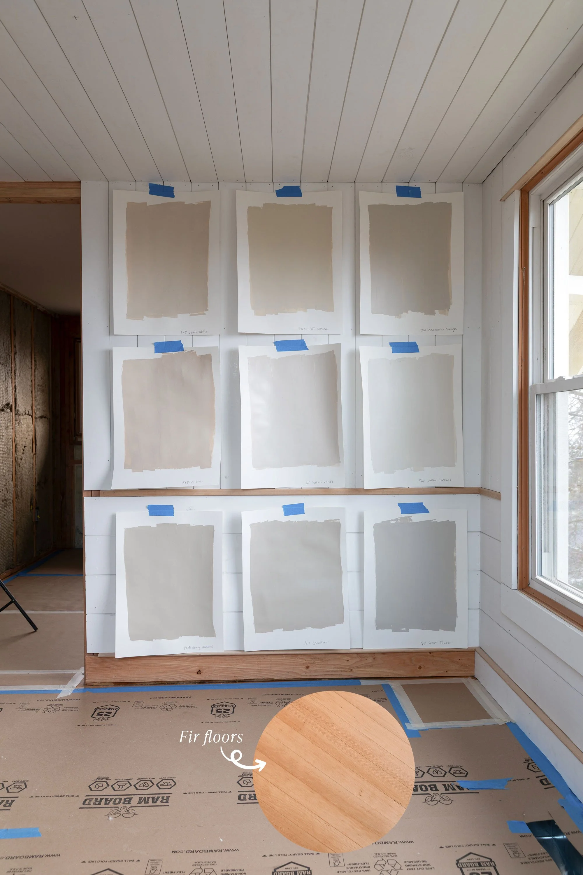 Warm neutral paint samples shown with fir wood floors to test compatibility for an old house renovation