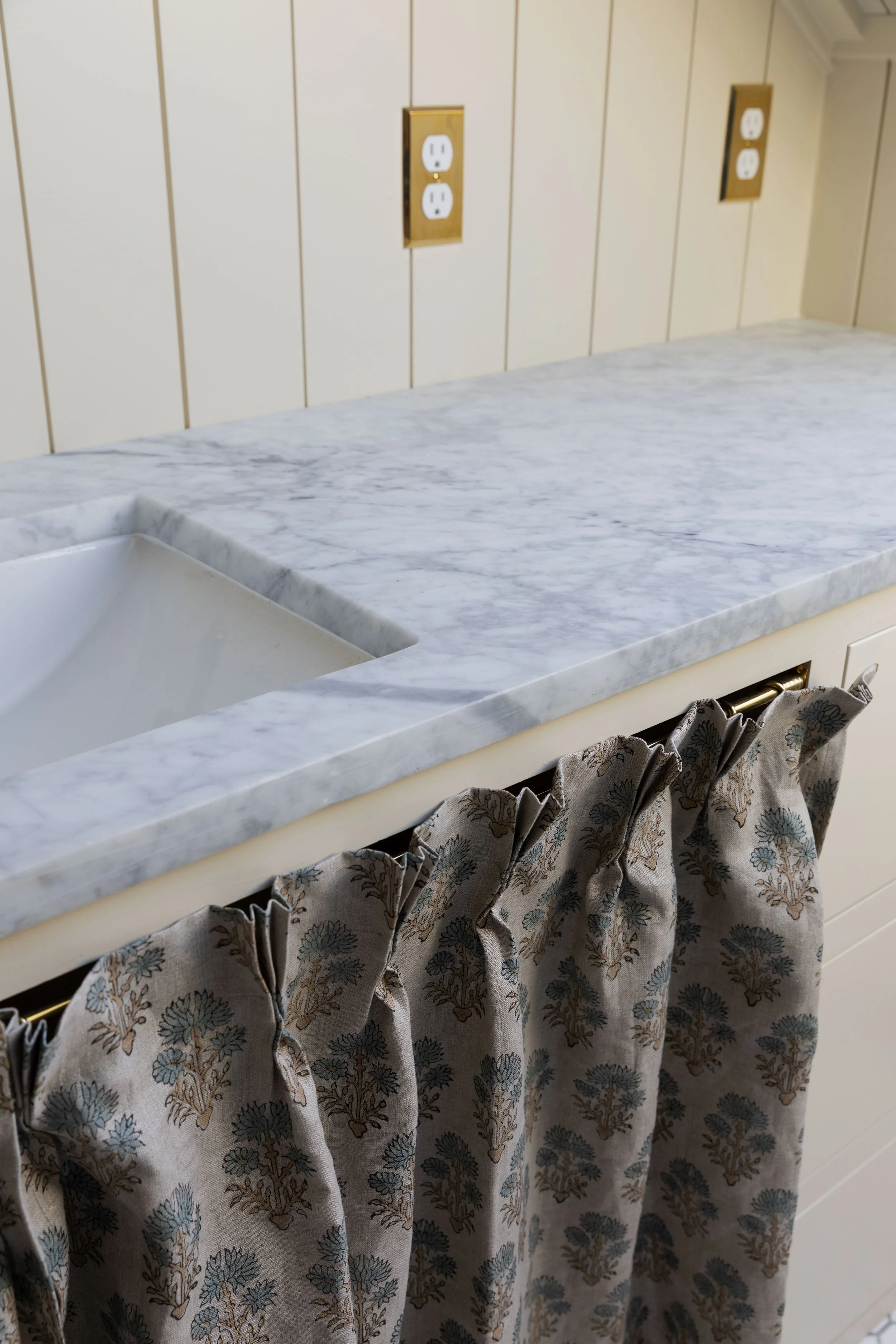 Detail of the pleated fabric on our Hill House bathroom sink skirt
