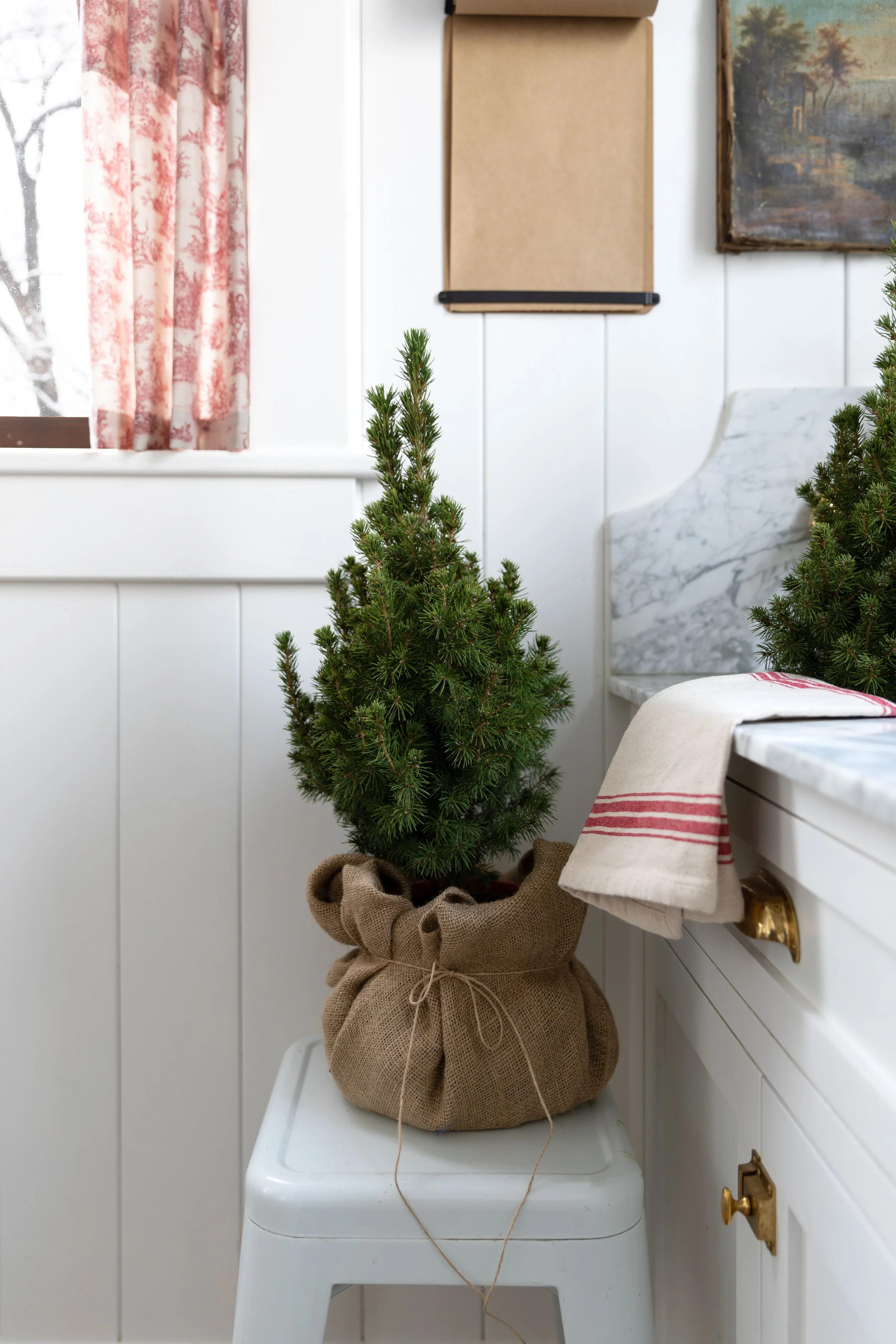 White Farmhouse decorating with small Christmas trees in burlap.