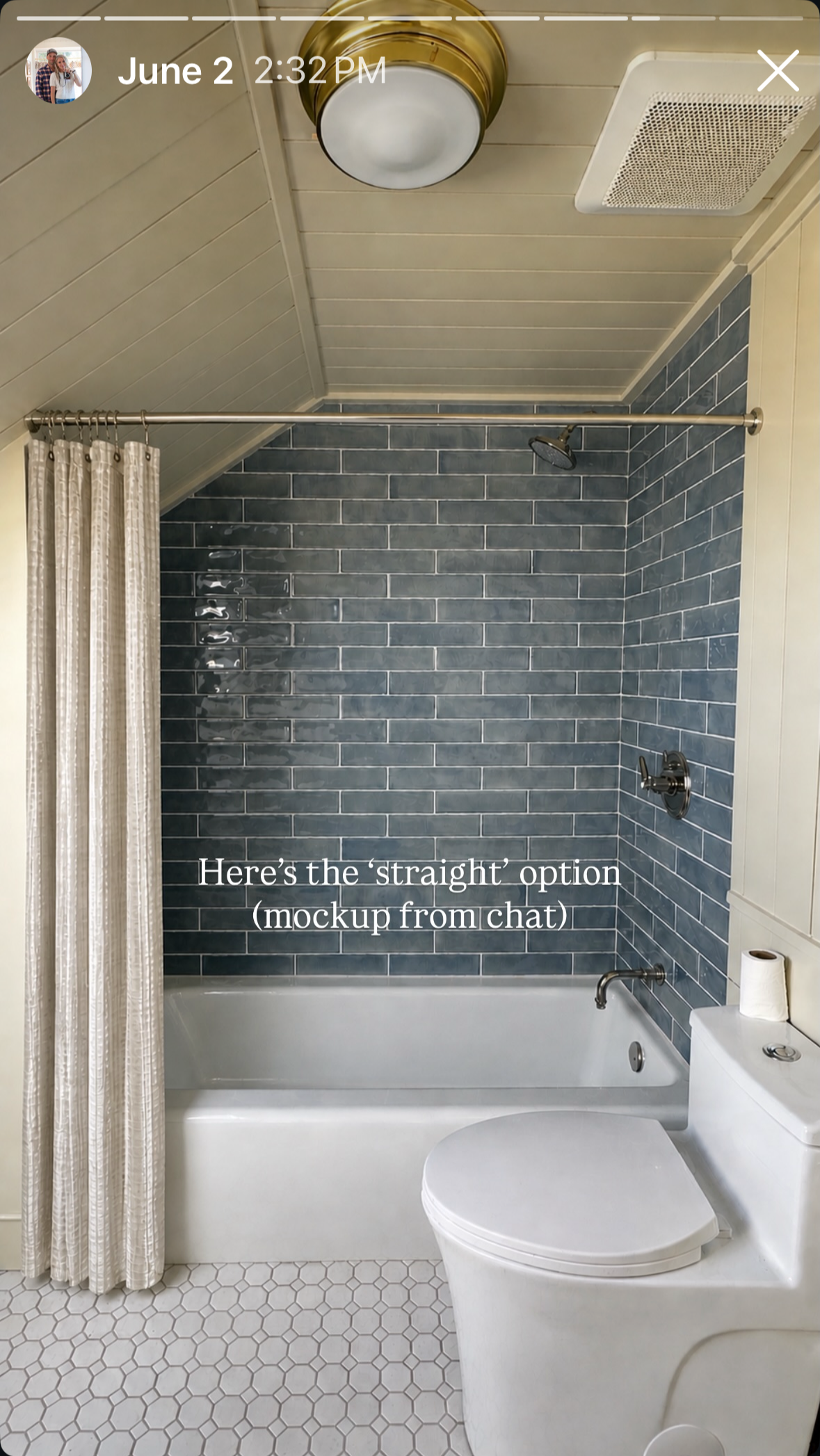 A mockup of a shower curtain in an attic bathroom with sloped ceilings