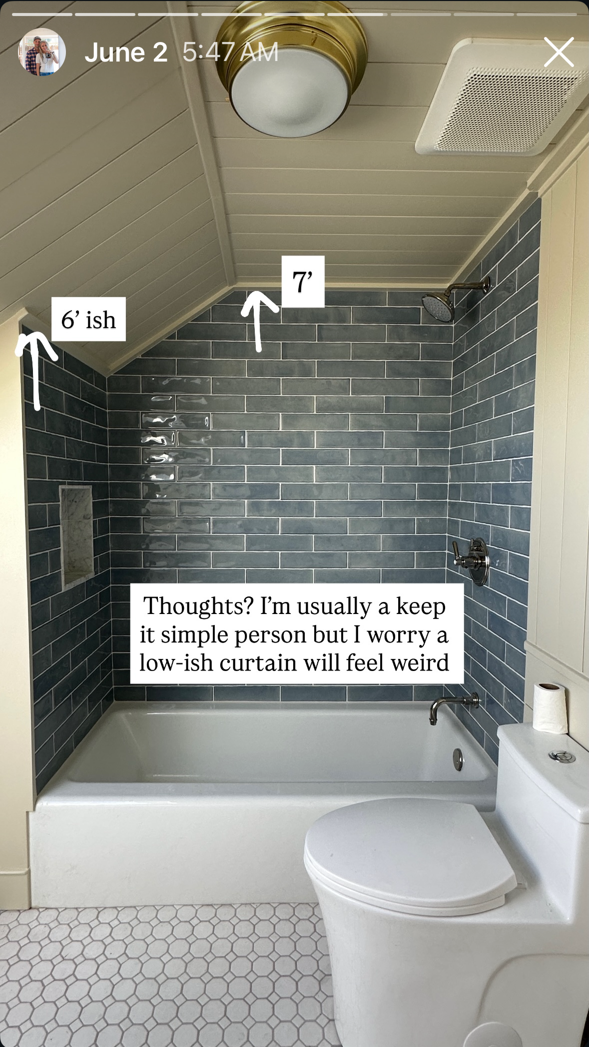 Planning a shower curtain rod in an attic bathroom with sloped ceilings