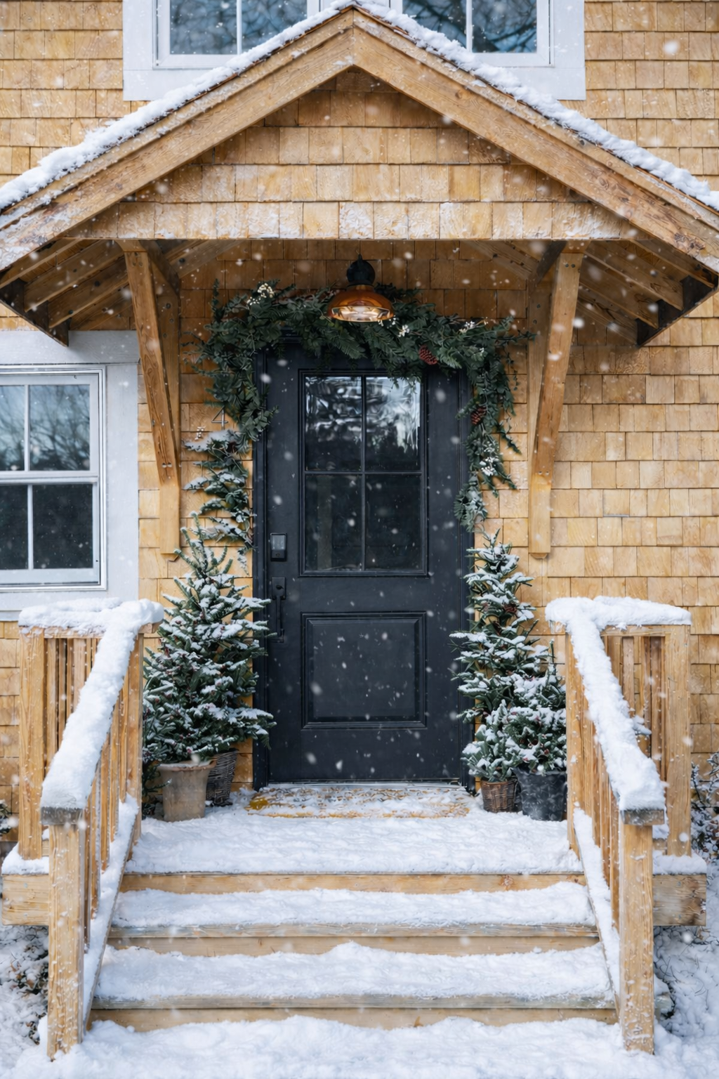 Front deck of the Poplar Cottage with holiday garland, copper light, and faux evergreen trees