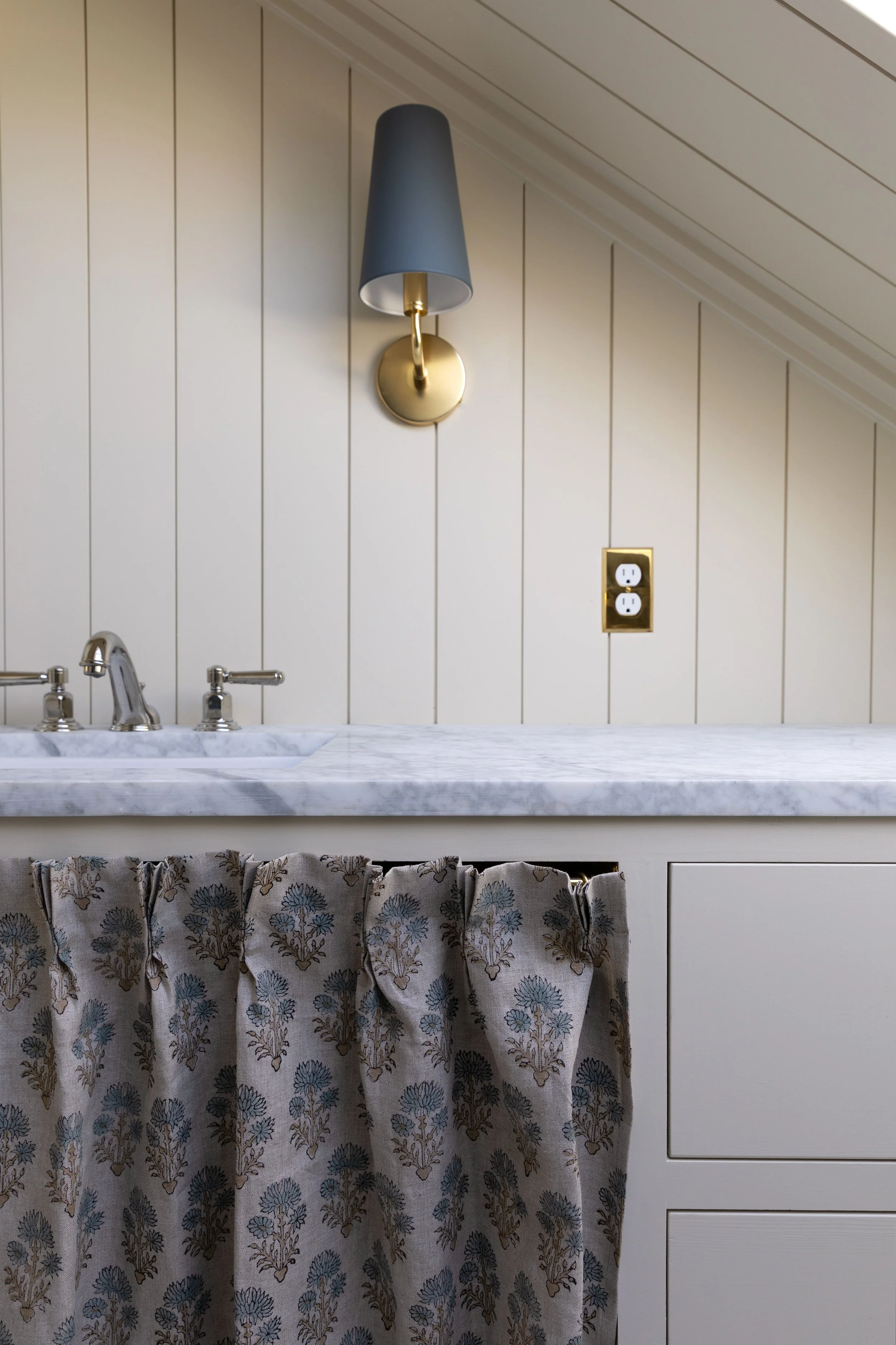 Close-up of the pinch pleats on our bathroom cabinet skirt