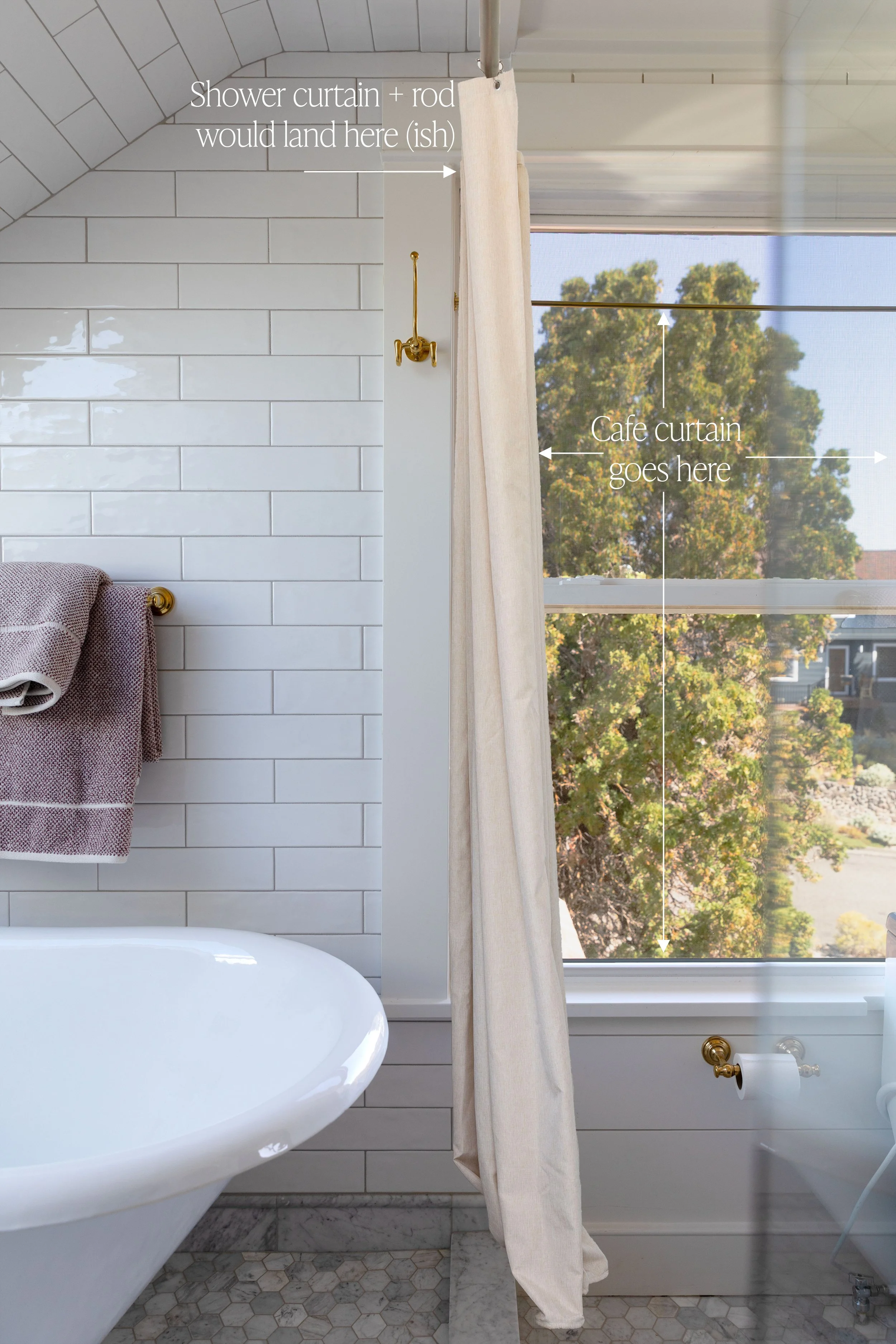 Diagram comparing where a shower curtain rod and a cafe curtain would both fall at the same window