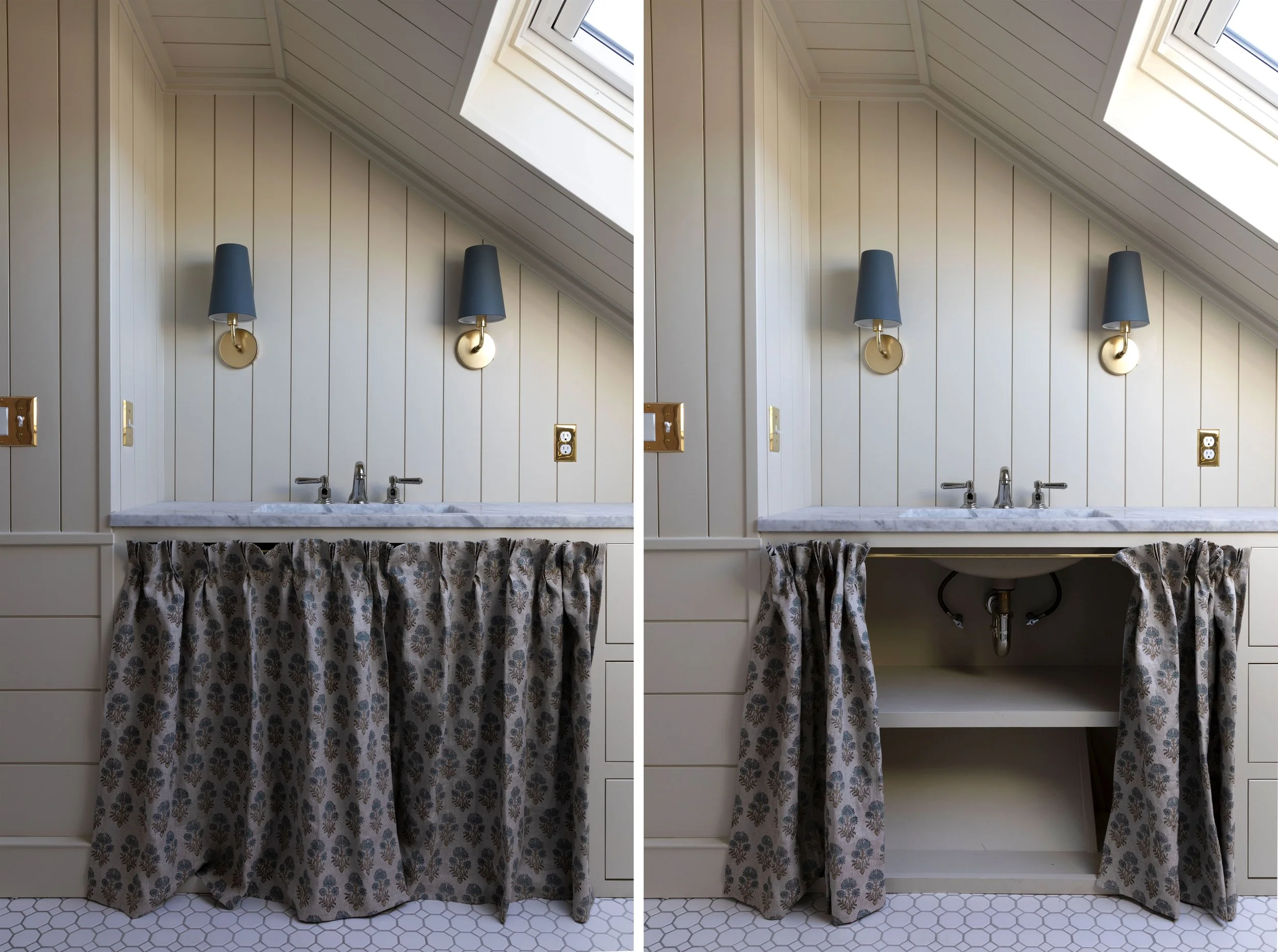 Bathroom cabinet skirt below a marble countertop in our Hill House hall bath