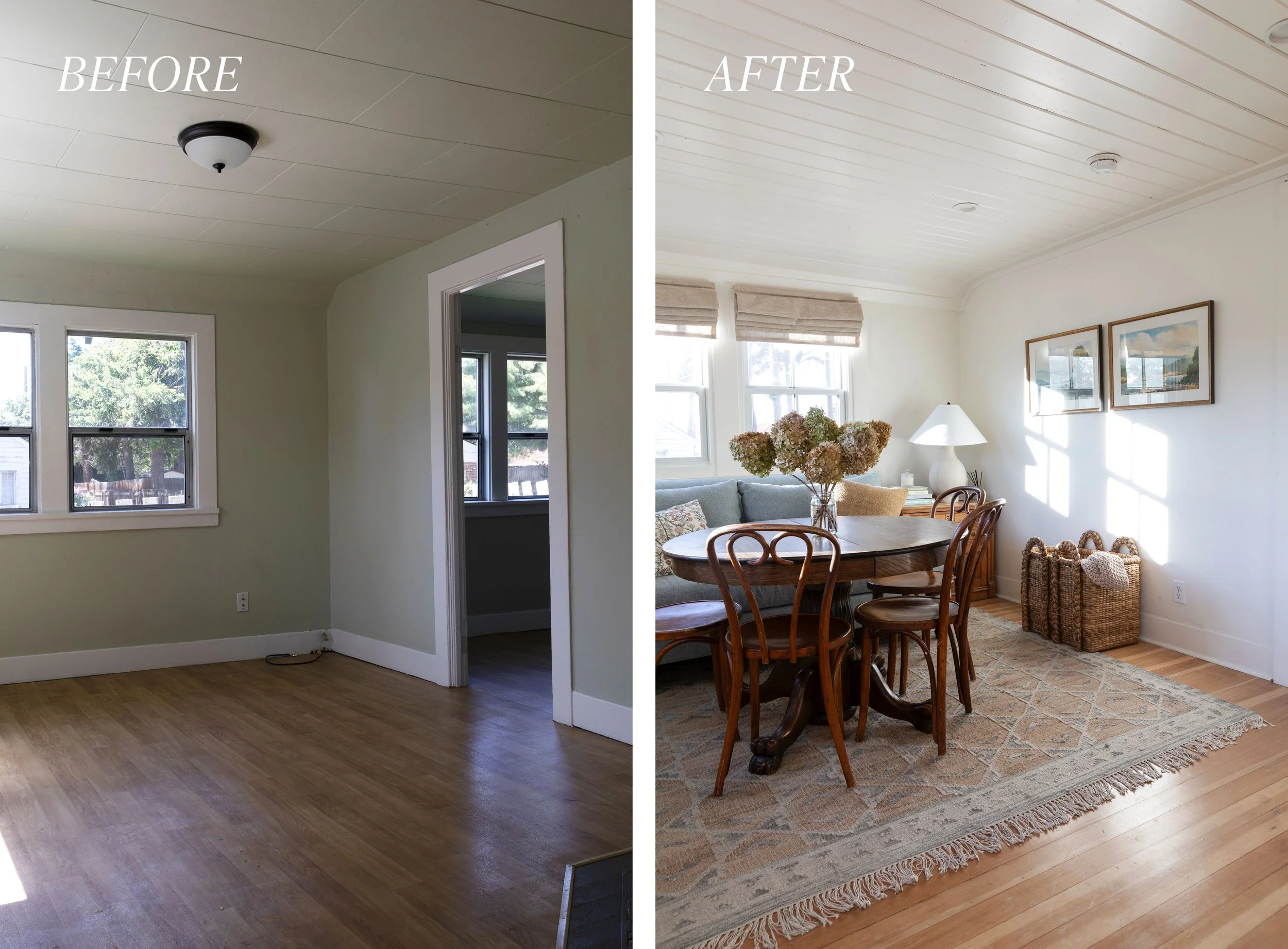 Before and after view of the Poplar Cottage dining room with paneled ceilings, refinished fir floors, and vintage decor