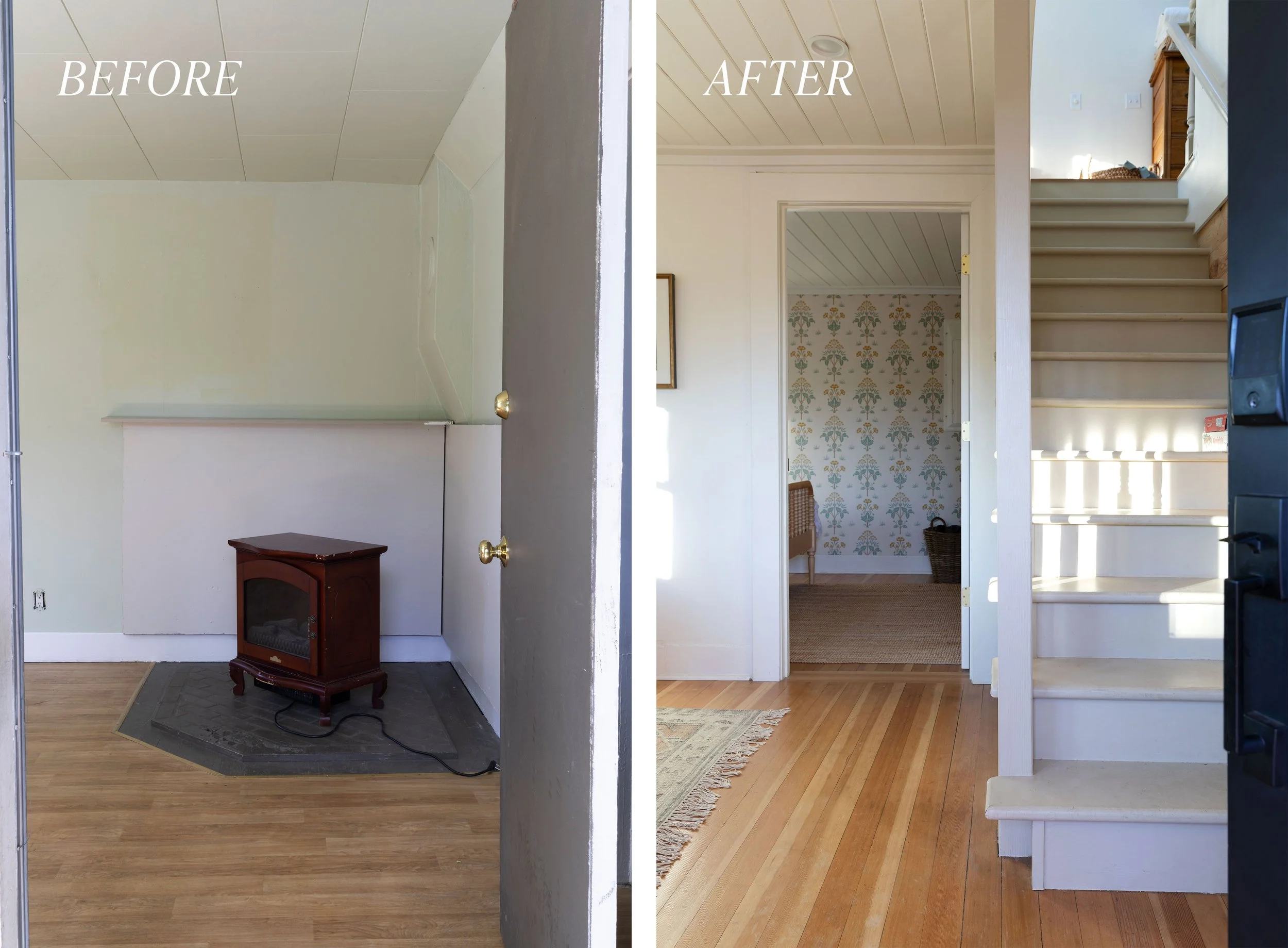 Before and after of the Poplar Cottage dining room renovation view from door with new staircase