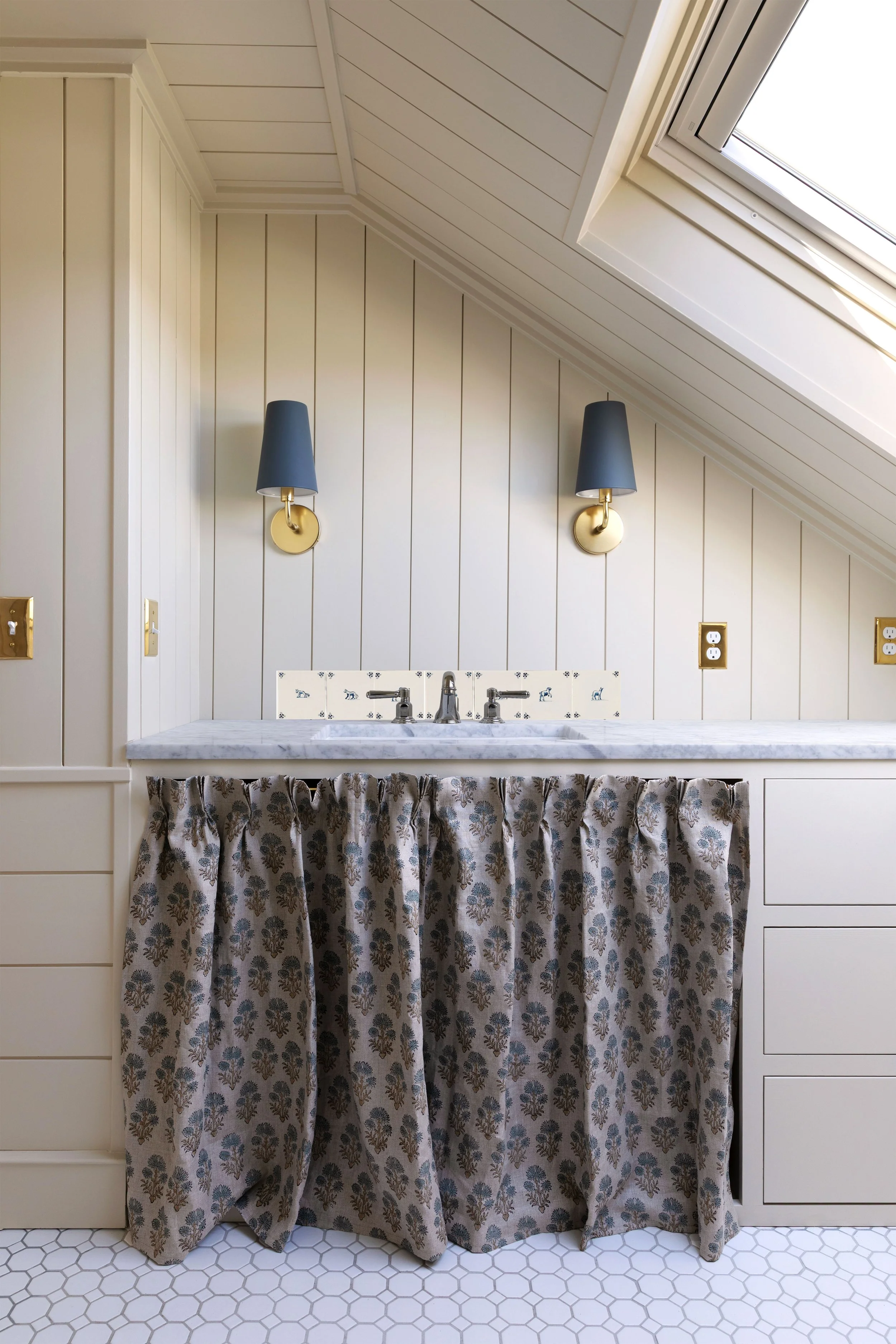 Hill House hall bathroom vanity mockup with a Delft tile backsplash