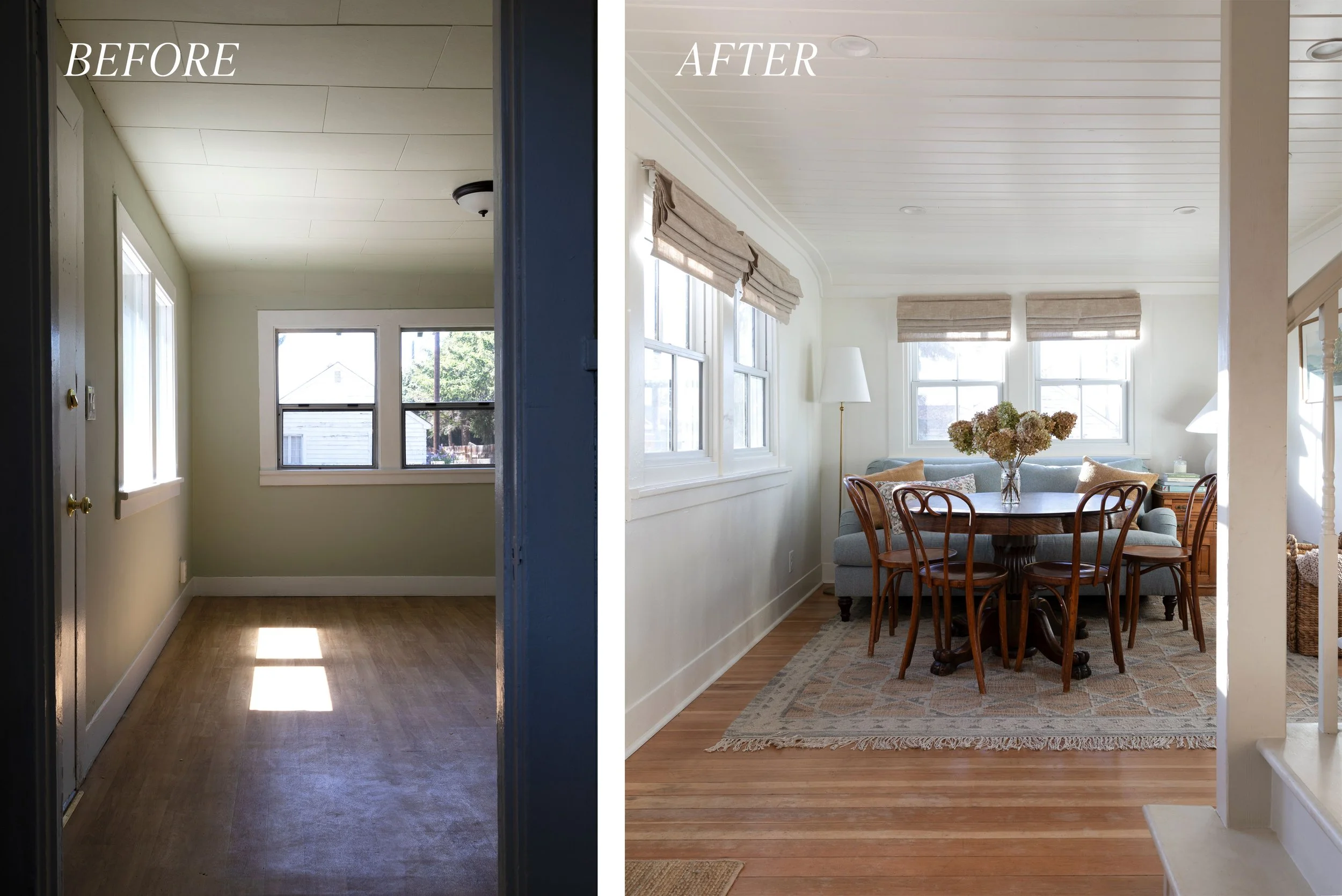 Before and after view of dining room renovation at the Poplar Cottage