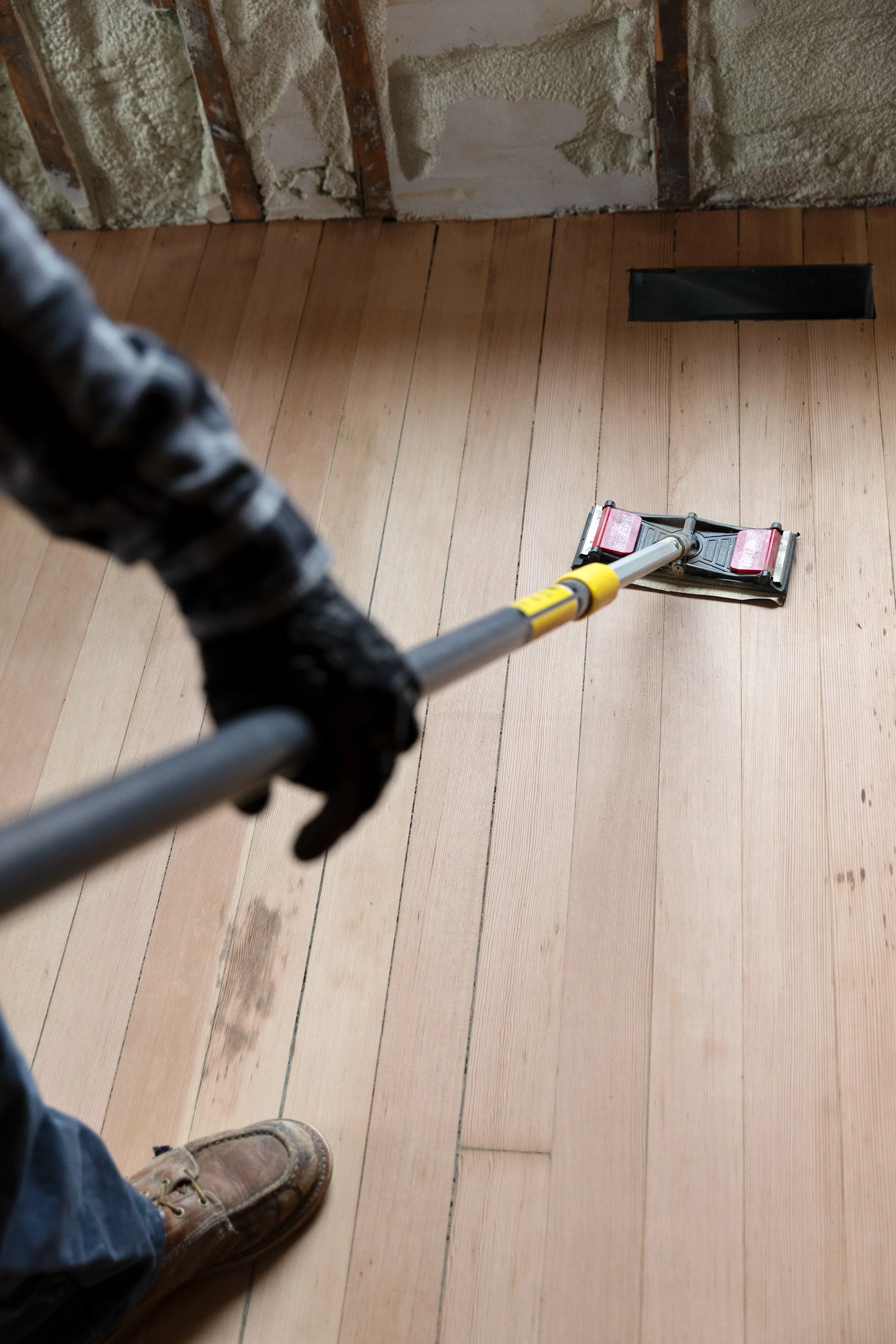 Sanding original fir floors during an old house hardwood floor refinishing project
