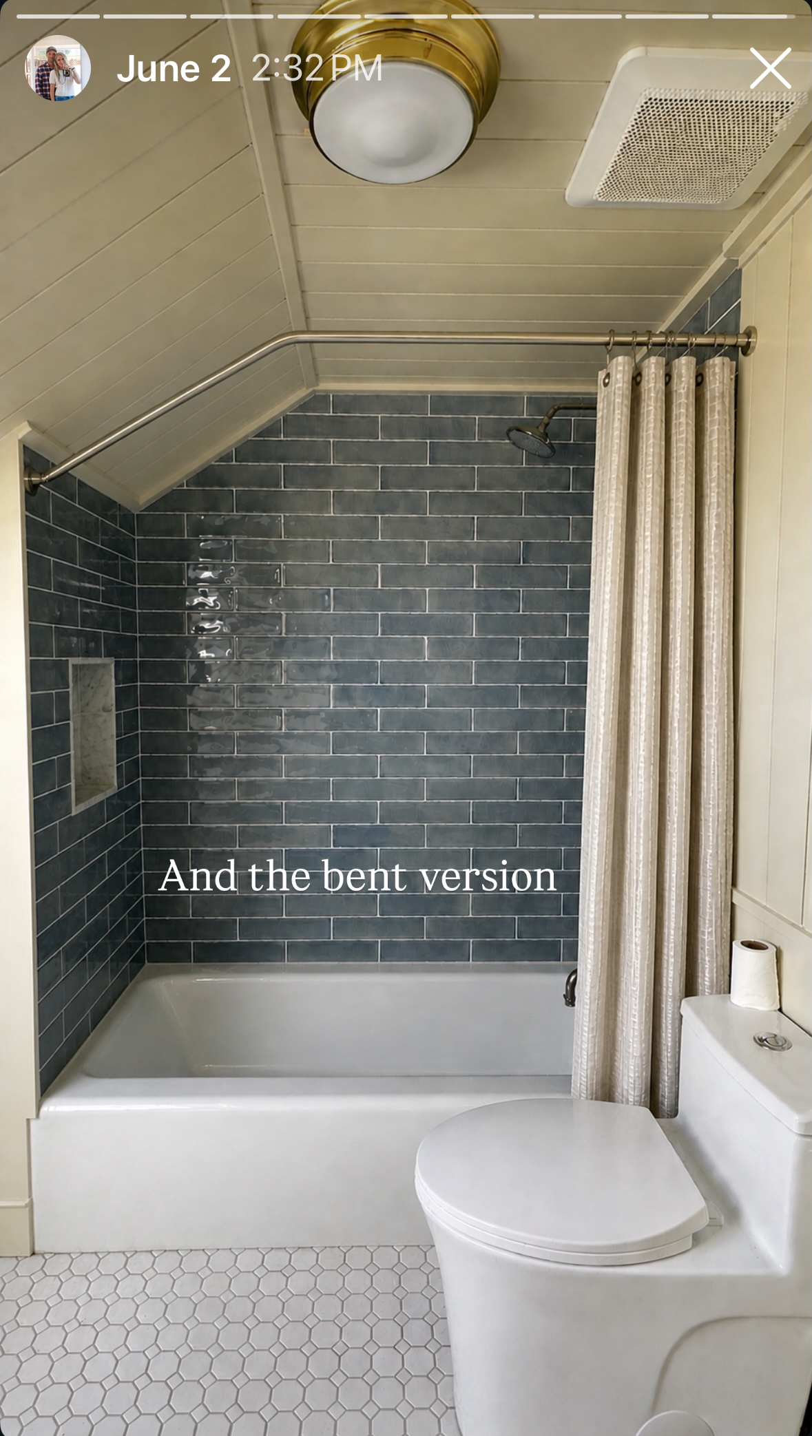 Mockup of bent shower curtain rod in an attic bathroom with sloped ceilings
