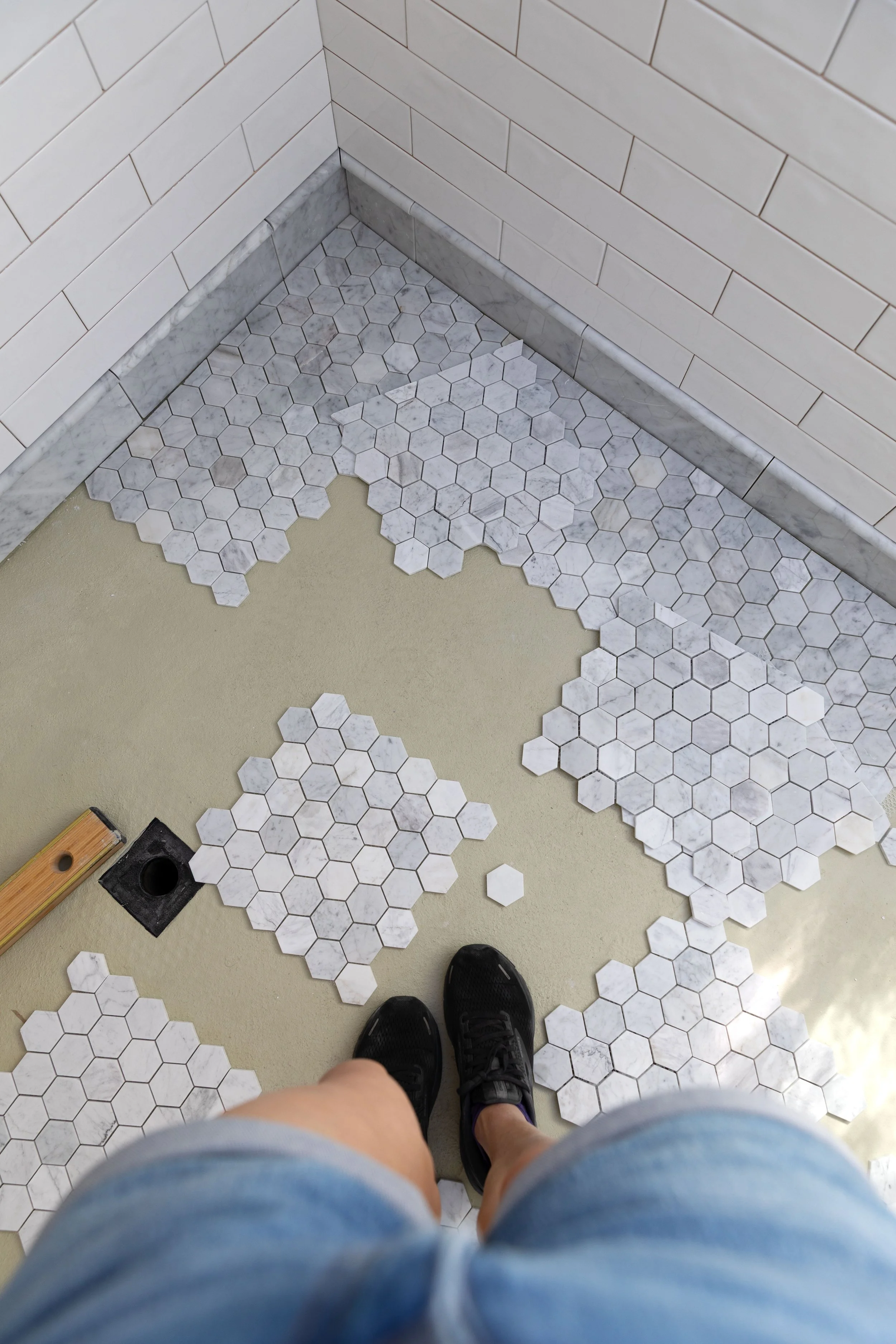 Marble hex tiles in the Hill House ensuite bathroom