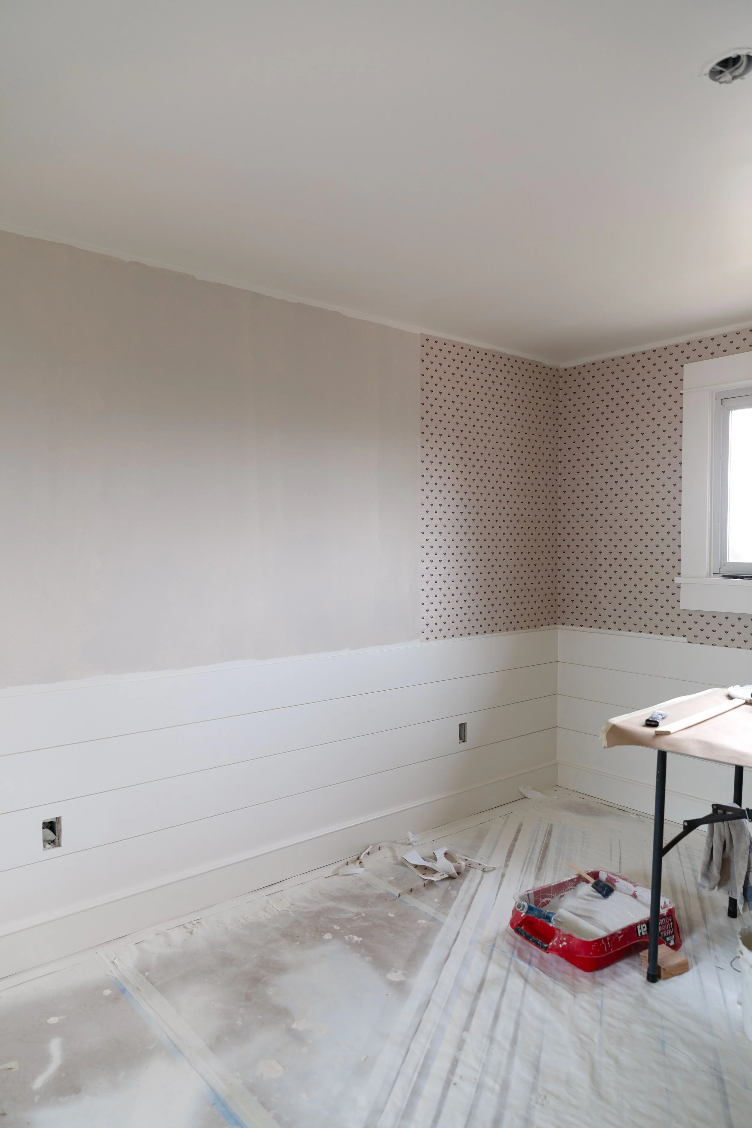 We used a color matched paint prior to installing grasscloth wallpaper to make seams less obvious