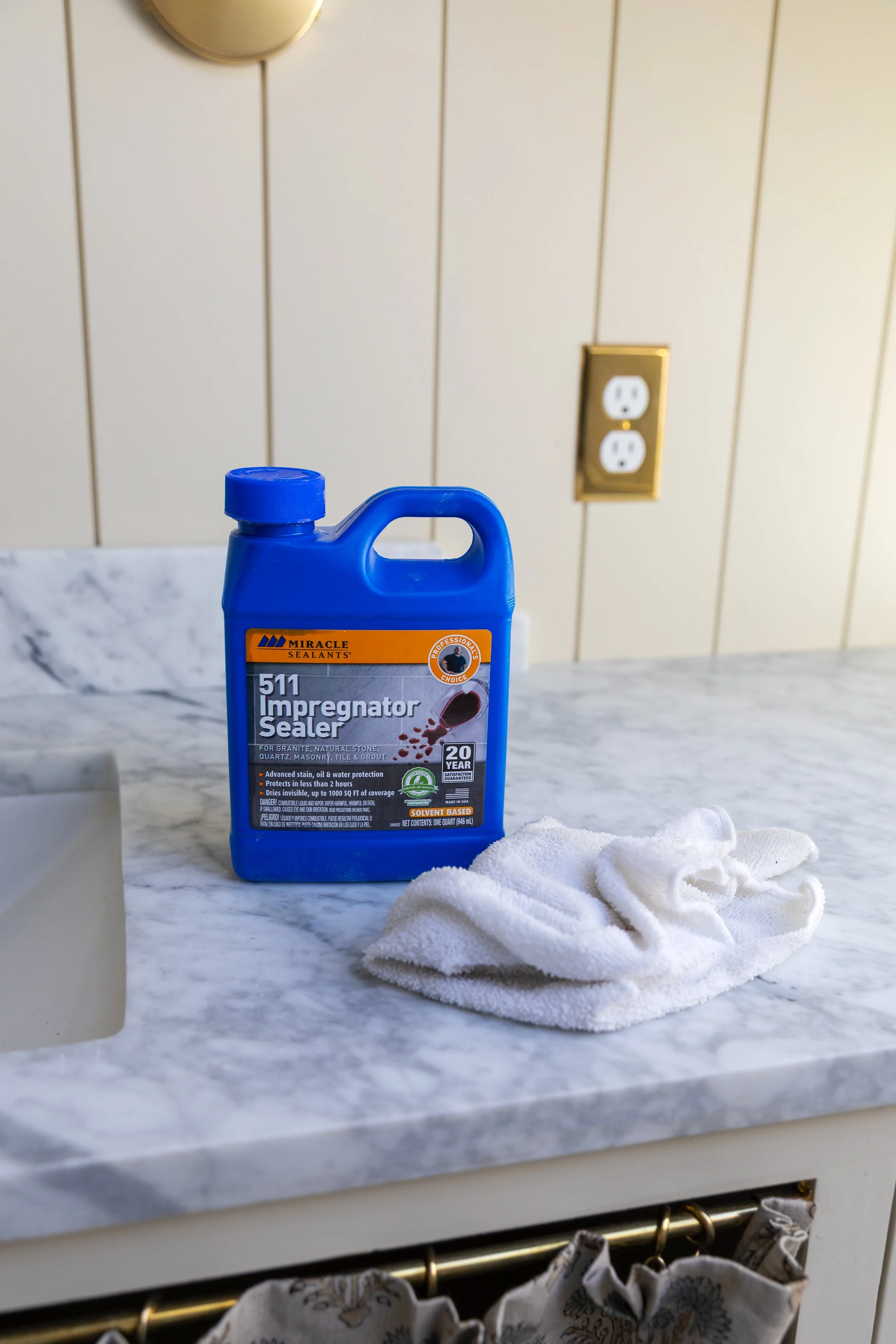 Sealing our honed marble countertop in the Hill House bathroom