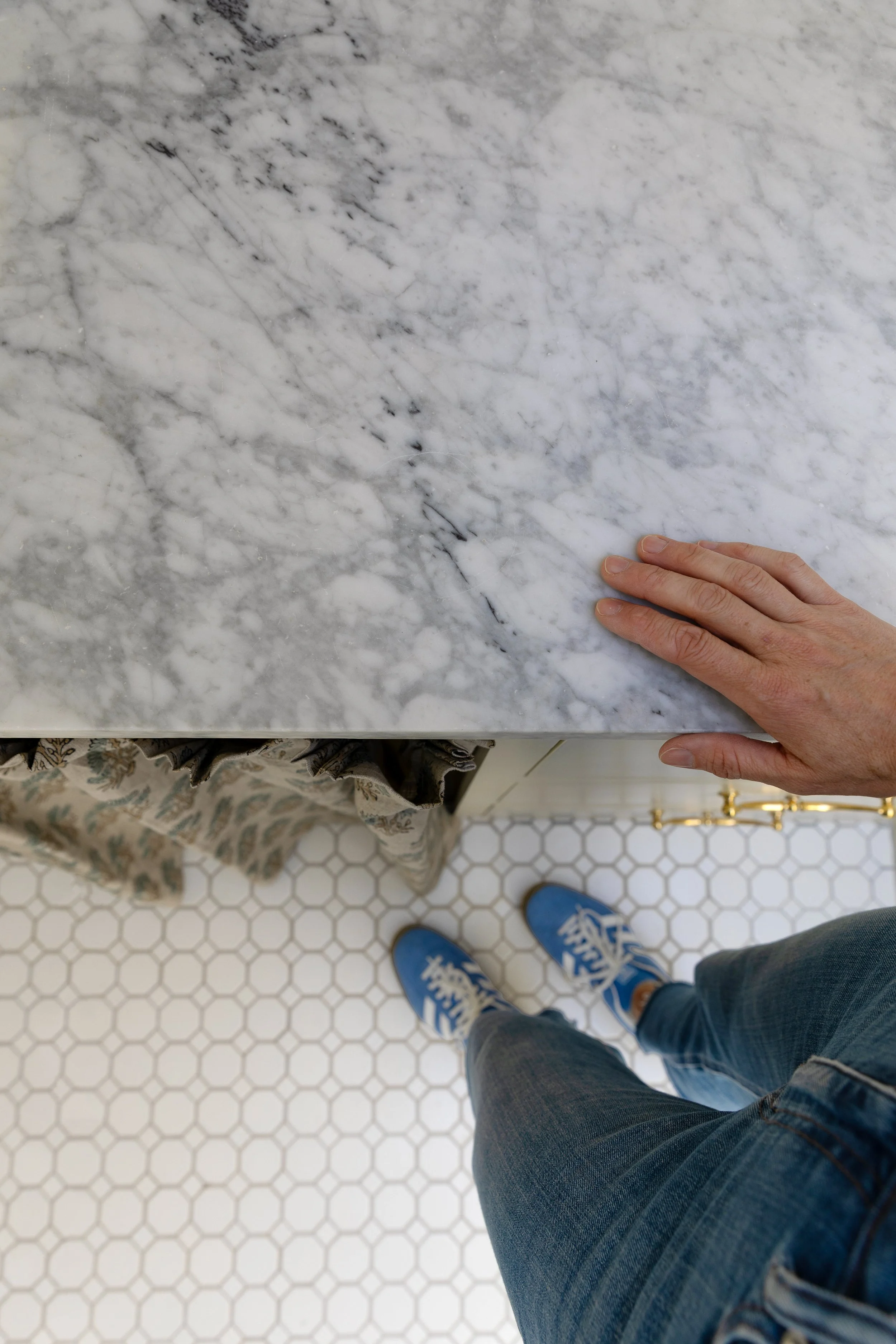 Veining detail on our salvaged honed marble bathroom countertop