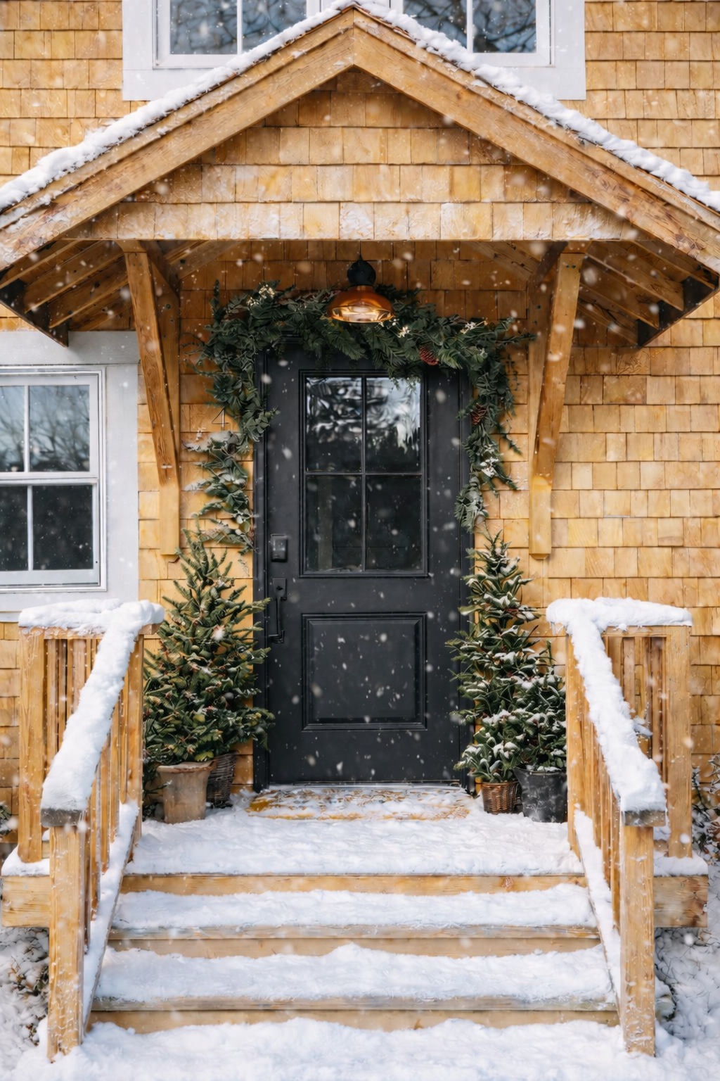 Front deck of the Poplar Cottage with holiday garland, copper light, and faux evergreen trees