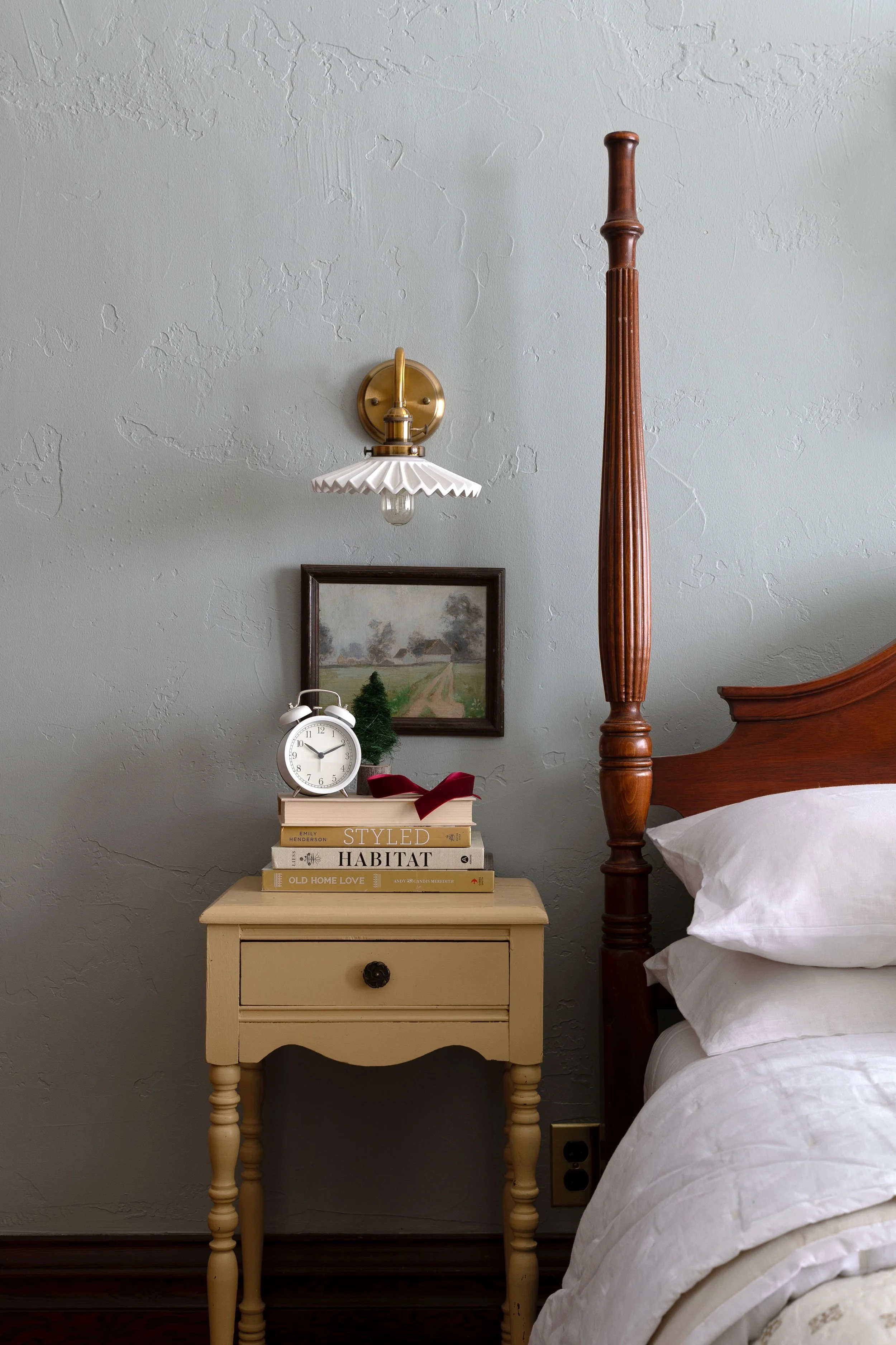 Vintage nightstand with simple holiday decor for Christmas