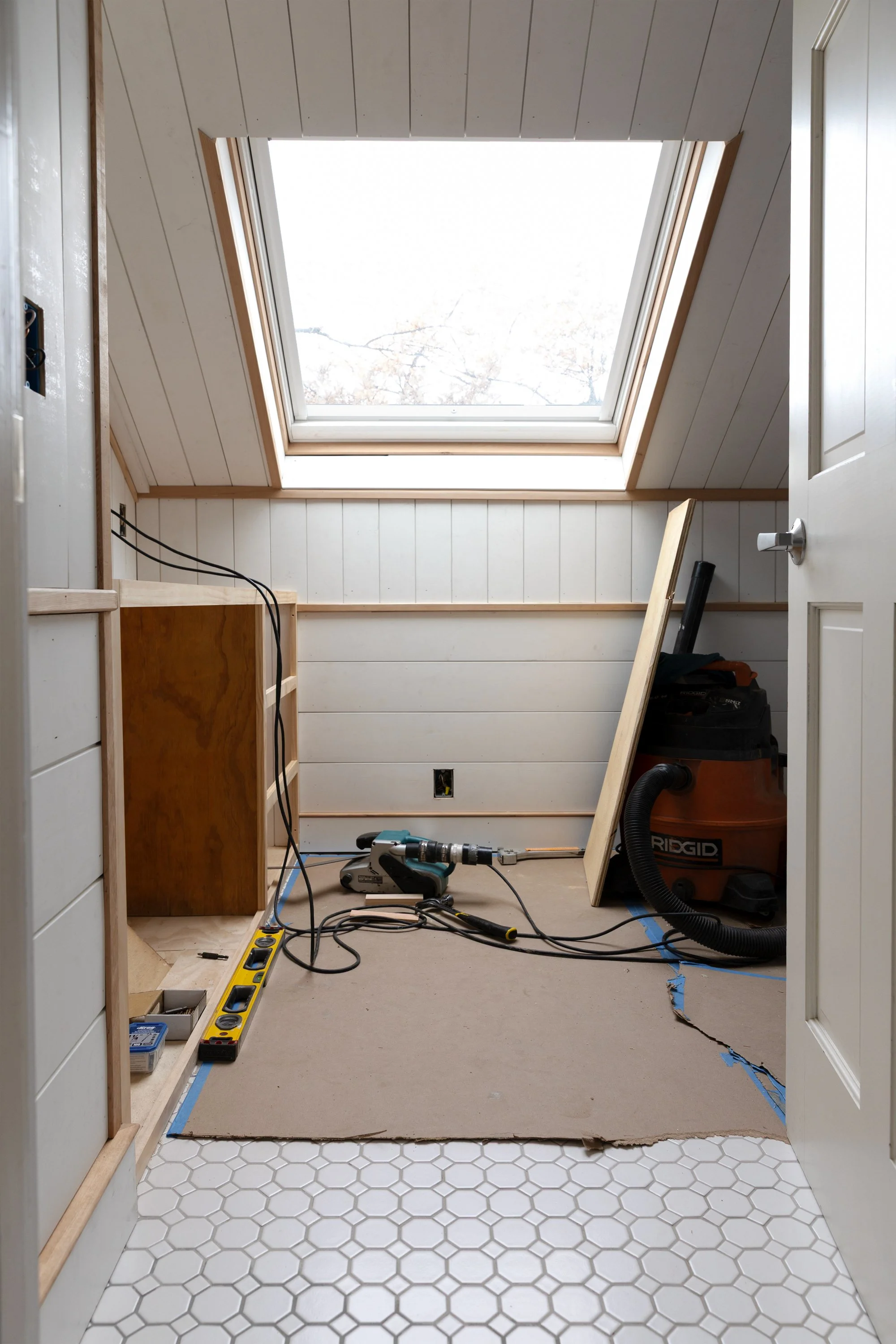 Bathroom progress with VELUX skylights at the Hill House
