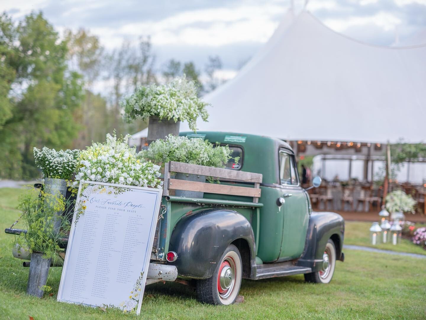 Lindsey borrowed her Uncle&rsquo;s vintage truck to welcome guests to the Reception tent, complete with a custom bumper sticker. More to come! 
Photo: @rodeoandcophoto 

@oneforthebooksevents 
@rainorshinetentco 

#manchestervtwedding #vermontwedding