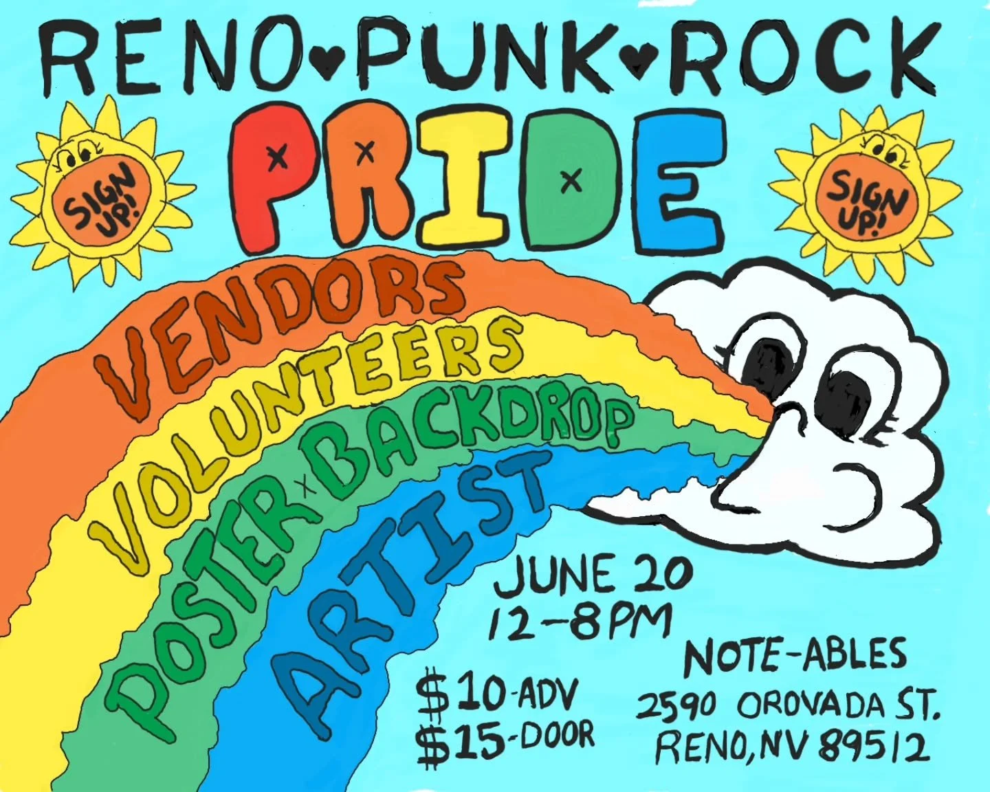 Links in our bio! Sign up to vend! Sign up to volunteer! Sign up to be the poster/ backdrop artist! This punk rock pride will be outdoors at Note-Ables 2590 Orovada St, Reno, NV 89512. 
P.S. WATCH OUT FOR SCAMMERS. MSG US DIRECTLY IF YOU HAVE ANY QUE