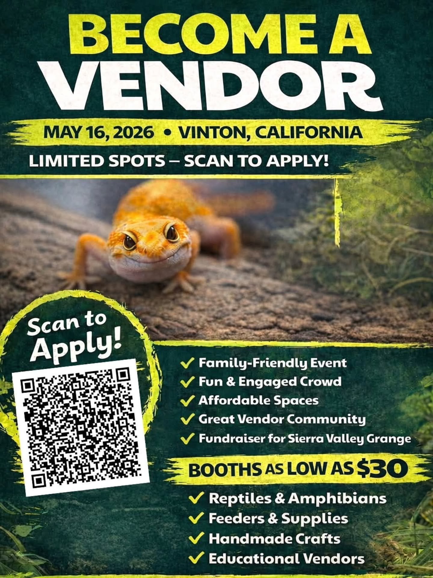 You might of seen some of our scaley friends at the flea! They are hosting an event close by and want to invite more friends! May 16 at Vinton, California. The Sierra Valley Reptile expo will be having a fundraiser to preserve the community gathering