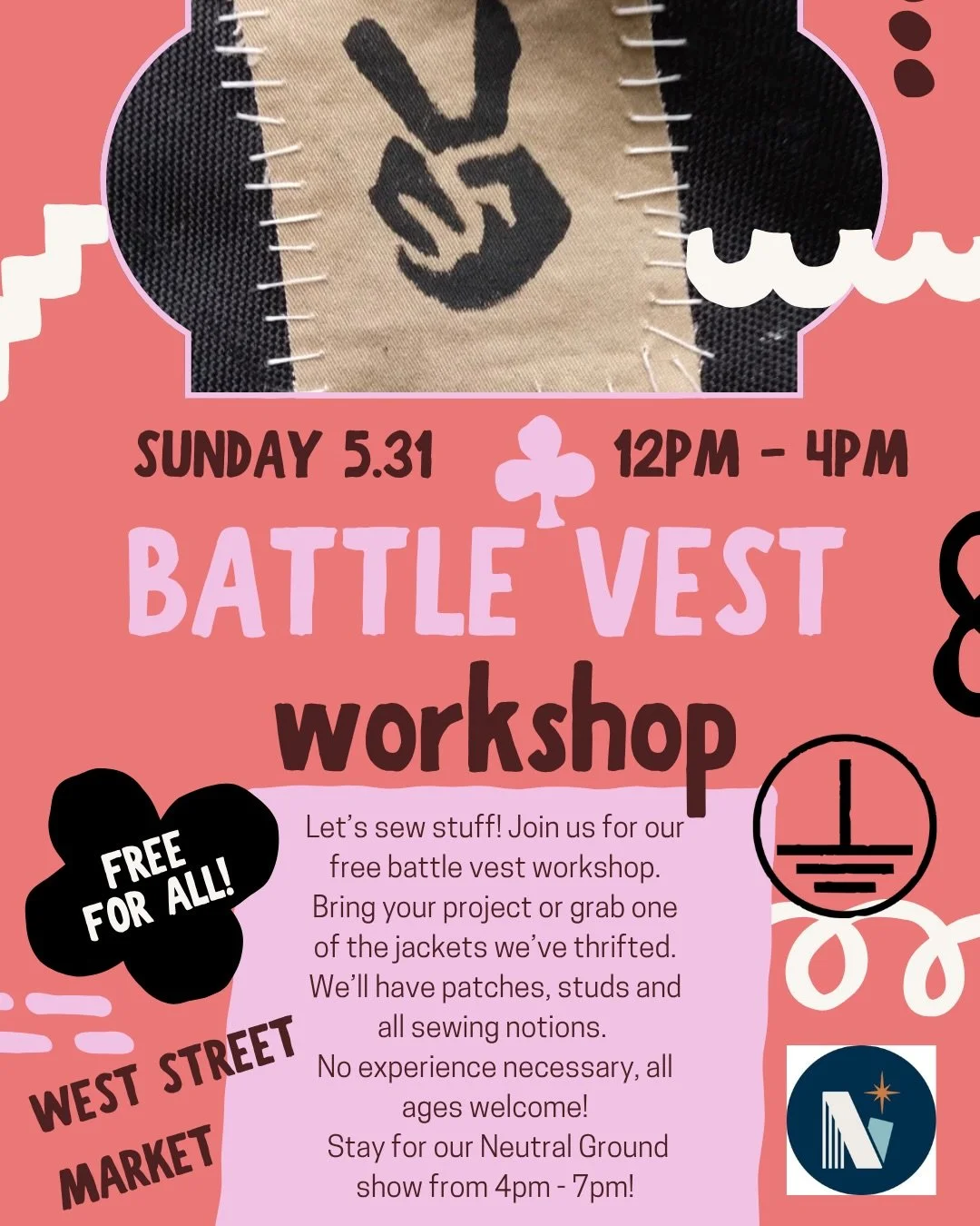 Sunday! Come make battle jackets with us! We got 10 jackets for those who don&rsquo;t have a base! You&rsquo;re also welcome to bring your own jacket or vest! 

After our workshop we have our monthly Neutral Ground show with Shredding Cheddars, @scho