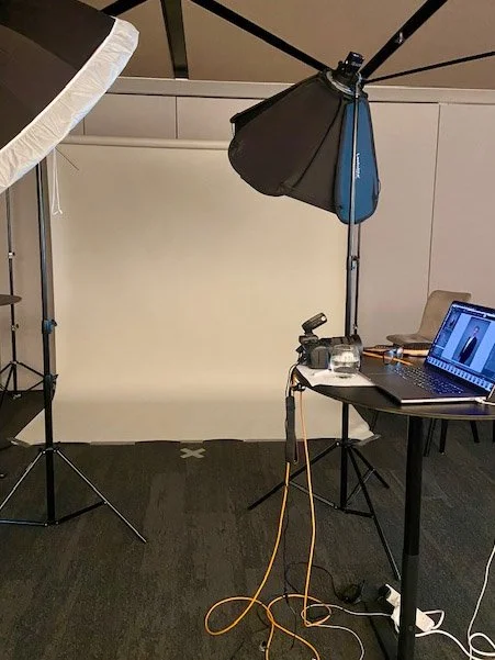 Behind the scenes of the equipment setup for a corporate headshot day