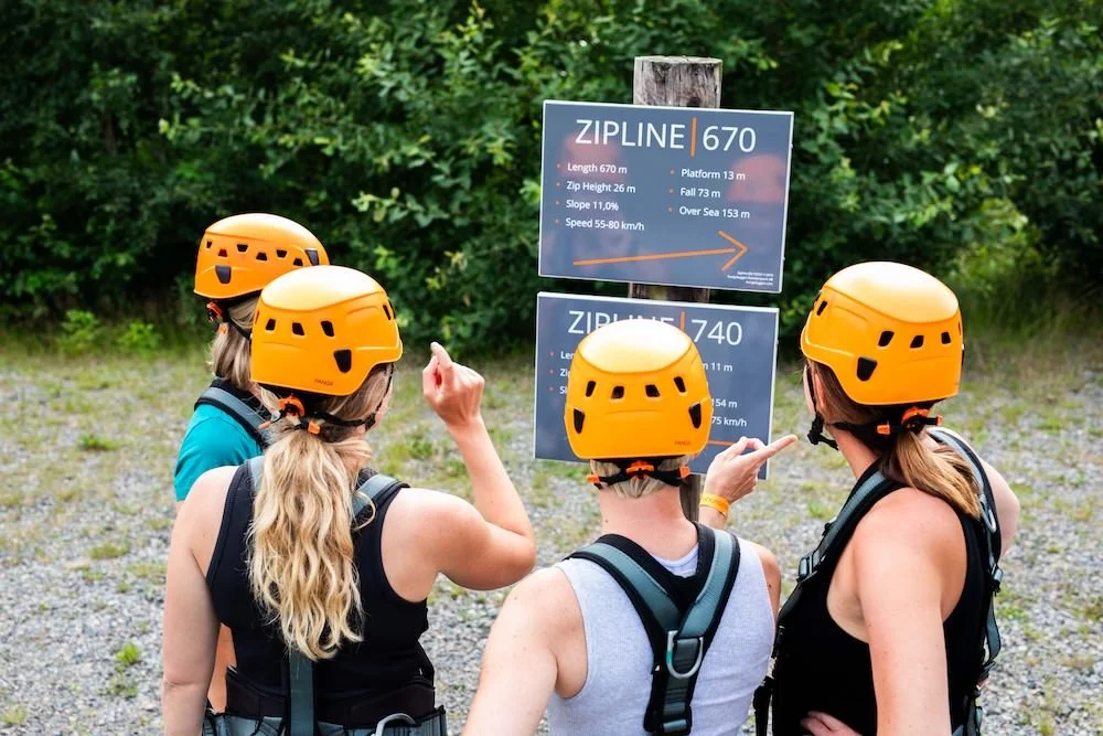 Fyra personer i orange klätterhjälmar och sportkläder som tittar på informationsskyltar för ziplining utomhus, med gröna träd i bakgrunden.