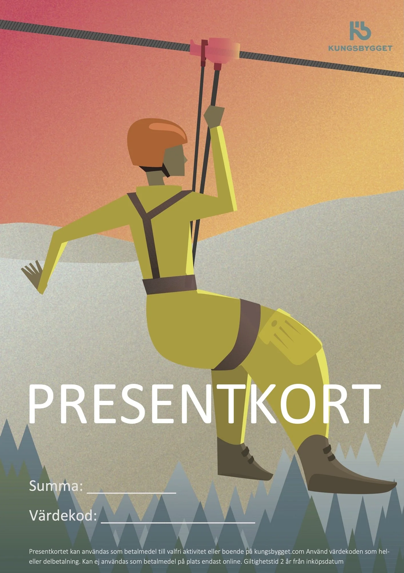 En illustrerad man som åker zipline med storsluten utsikt över berg och skog vid solnedgången.