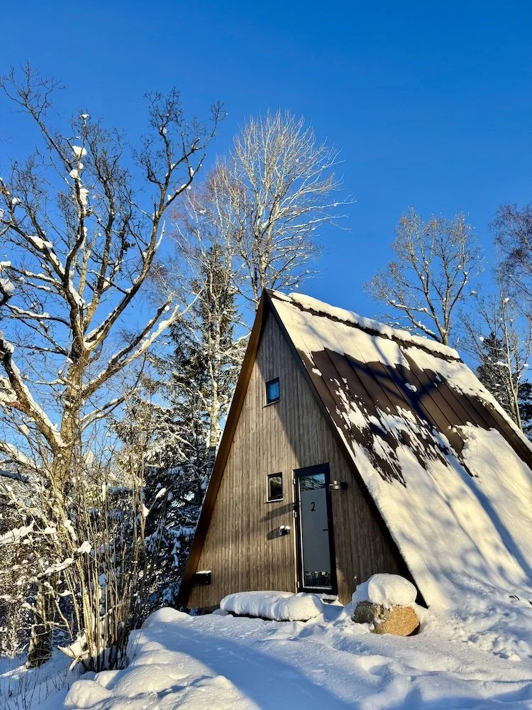 En A-frame stuga med snö på taket, omgiven av snötäckta träd under en klar blå himmel.