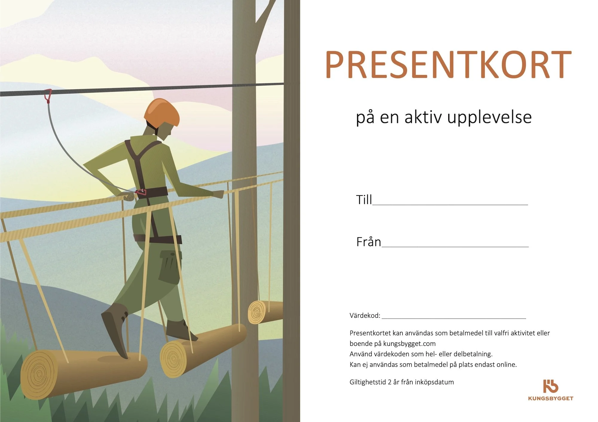 Illustration av en person som går på en linbana högt uppe bland träd i en skog, med berg i bakgrunden.