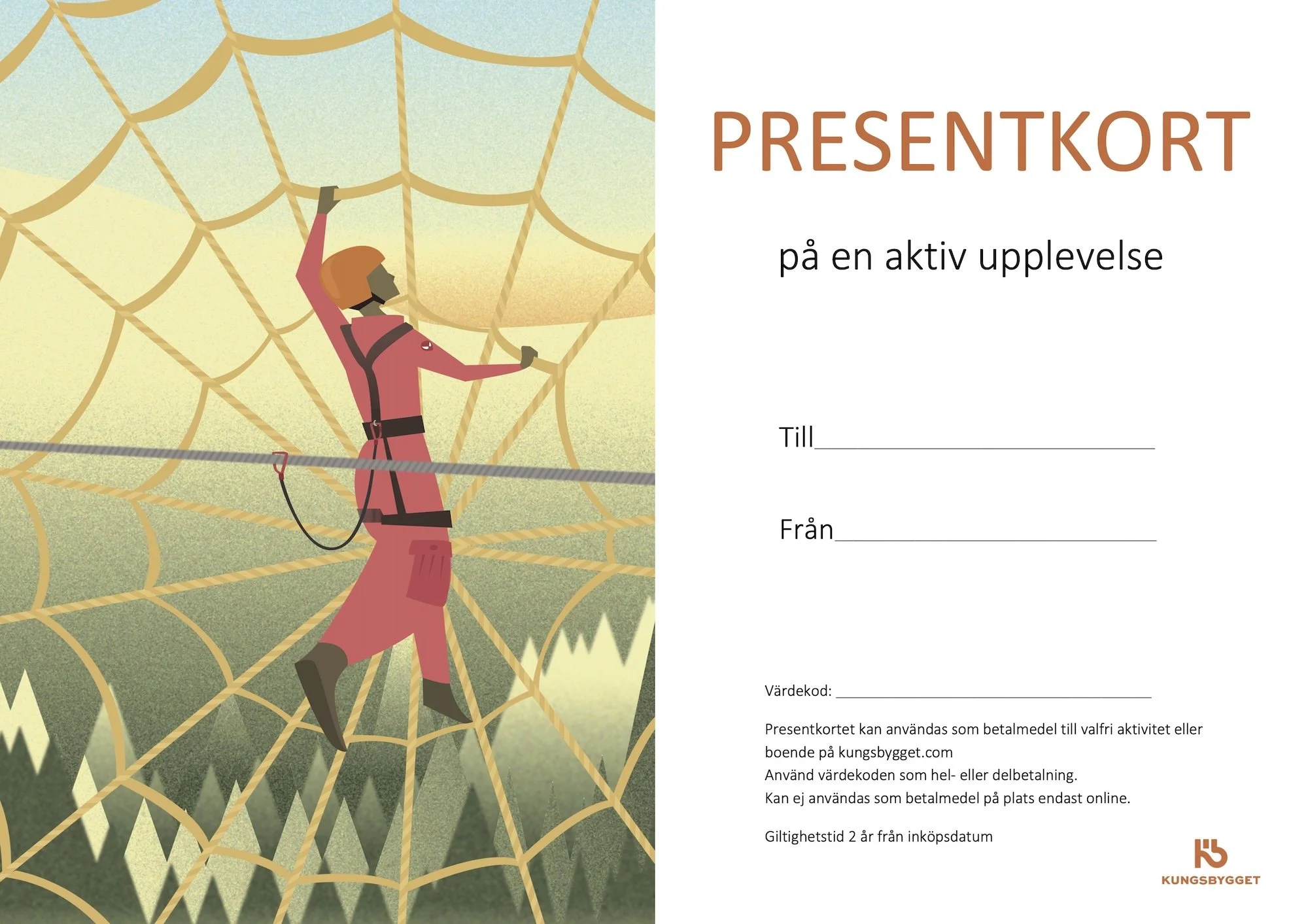 En person klättrar på ett stort nät, utrustad med säkerhetsutrustning och hjälm, i ett äventyrsaktivitet.