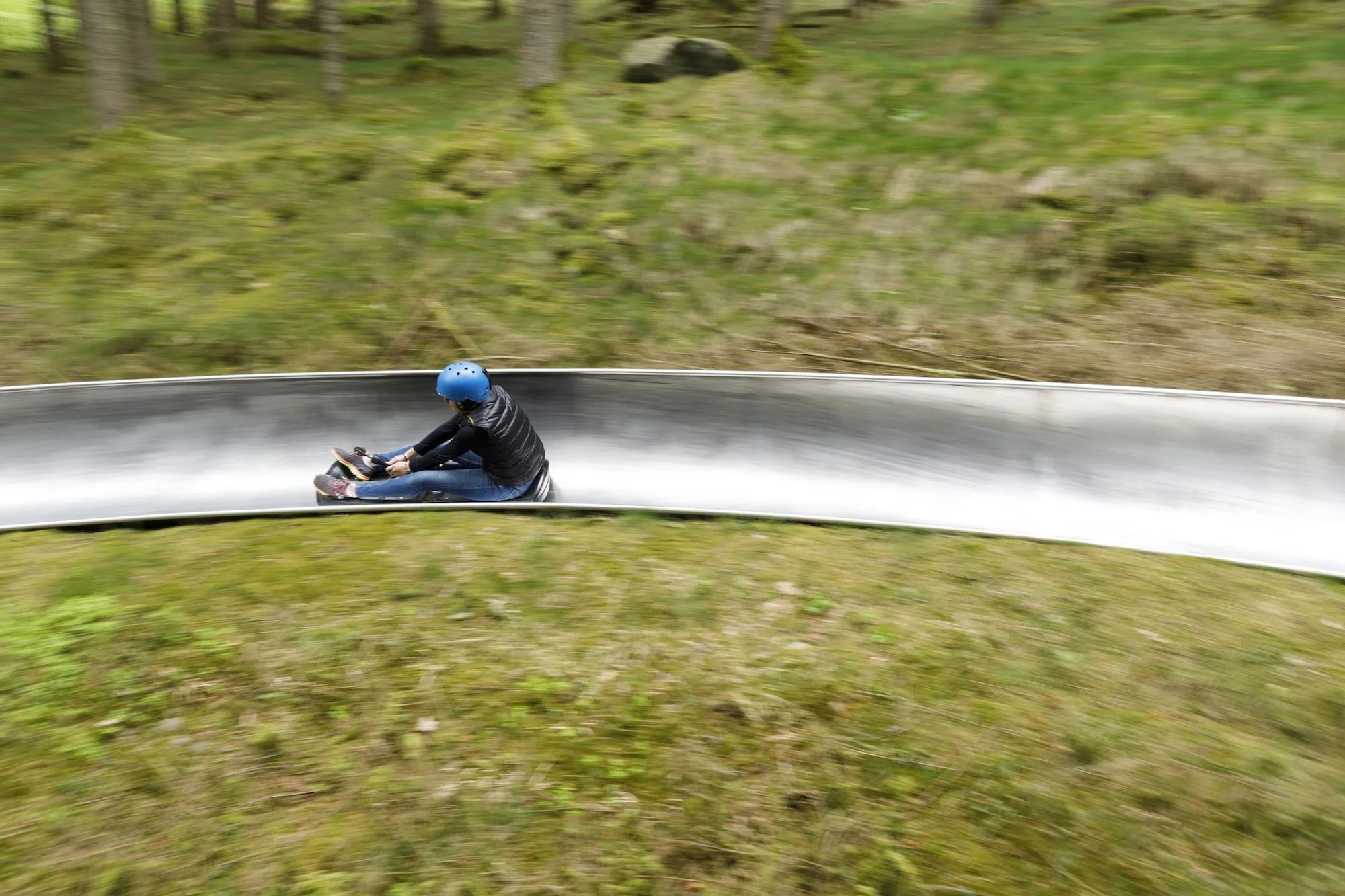 En person som åker nedför en rodelbana i en skog.