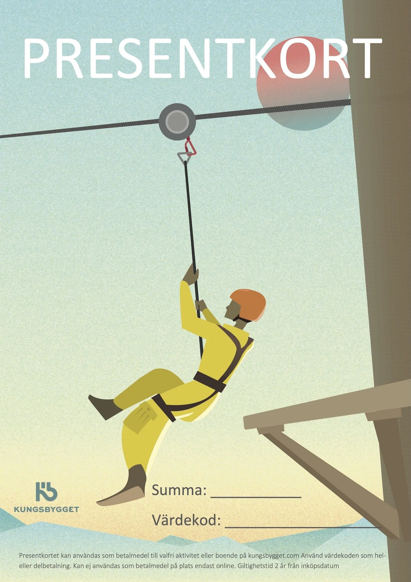 Ett färgglatt presentkort med en illustration av en person som är fastspänd i ett lin- eller bergsklättringsutrustning och håller i en lin. Texten på kortet är 'Presentkort' och det finns utrymmen för summan och värdekoden. Logotyp för Kungsbygget finns i det nedre vänstra hörnet.