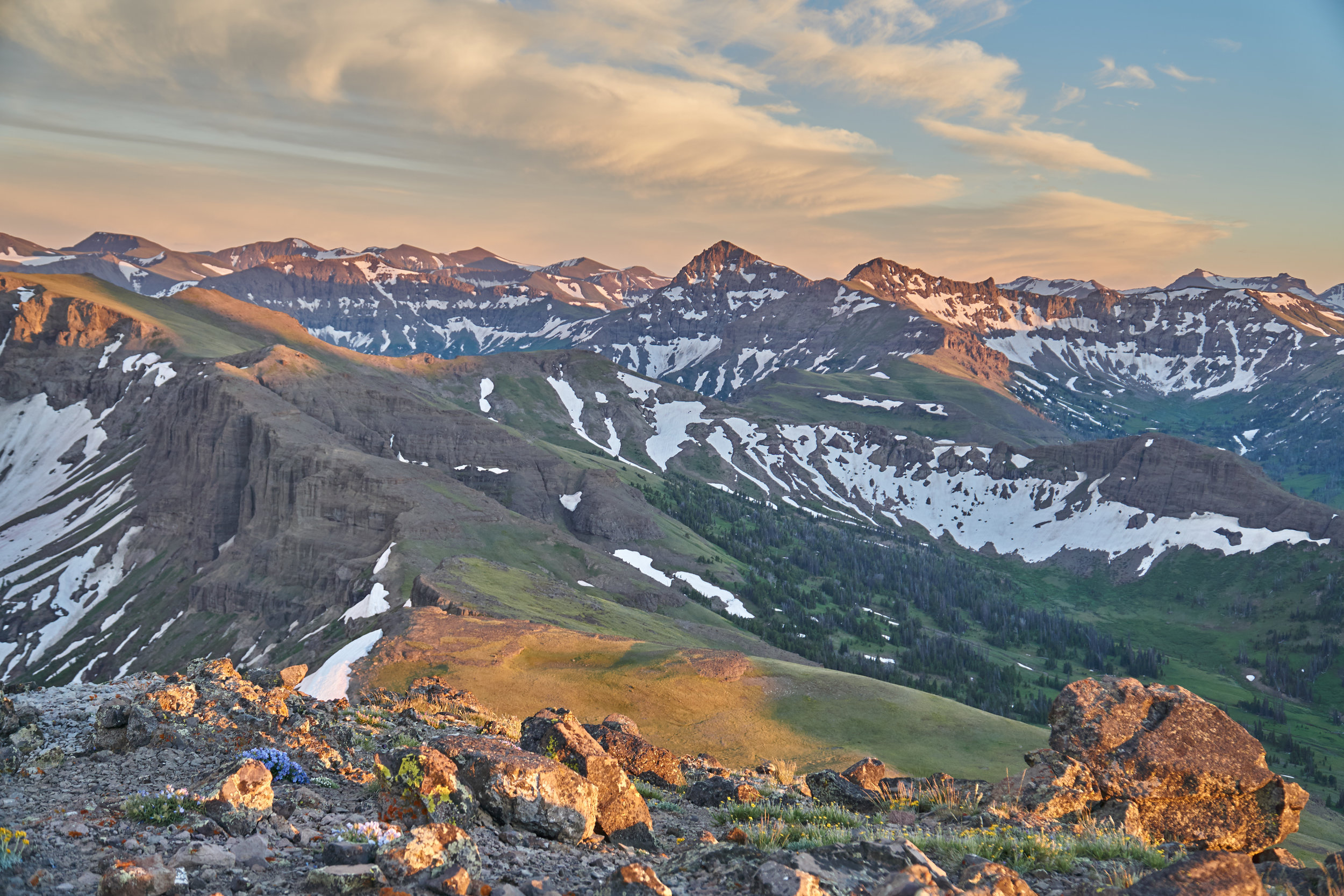 The massive Absaroka Range stretches from Livingston, Montana to the foothills of the Wind River Range near Dubois, Wyoming. This wild mountain range reaches its maximum breadth and height in its southern extent - seen here are the typical perennial