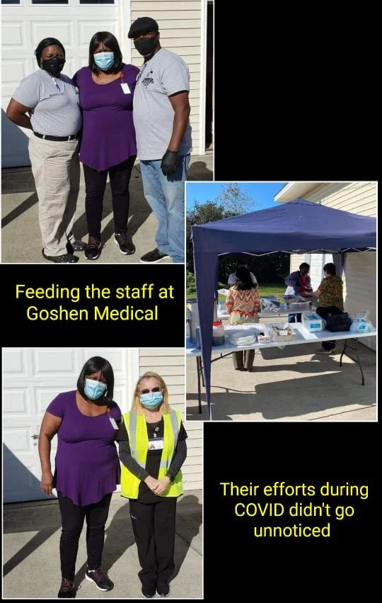 Essential workers in the health care industry put their lives in danger everyday! Watching the staff of Goshen Medical Center in Faison serve their patients with kindness and smiles in the midst of the COVID 19 crisis. The Shepherd's Branch Ministry wanted to bless them by feeding them a good hot catered meal during the 2020 Thanksgiving week to show our appreciation! Mae’s Grill and Catering out of Rose Hill, NC Catered the delicious meal and we look forward to soliciting their excellent services again in the very near future! The donation was featured in The Duplin Times Newspaper.