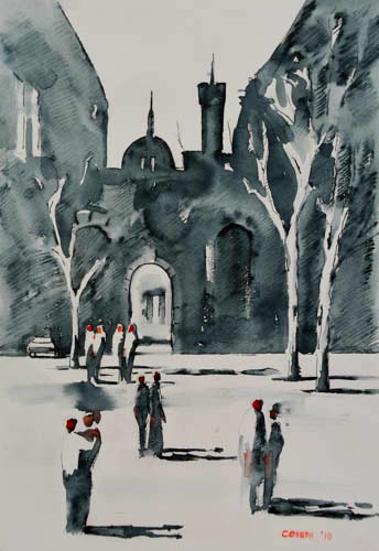 Une Place à Paris - Watercolor/Ink 'n Wash 22cm x 17cm €PRICES ON REQUEST€