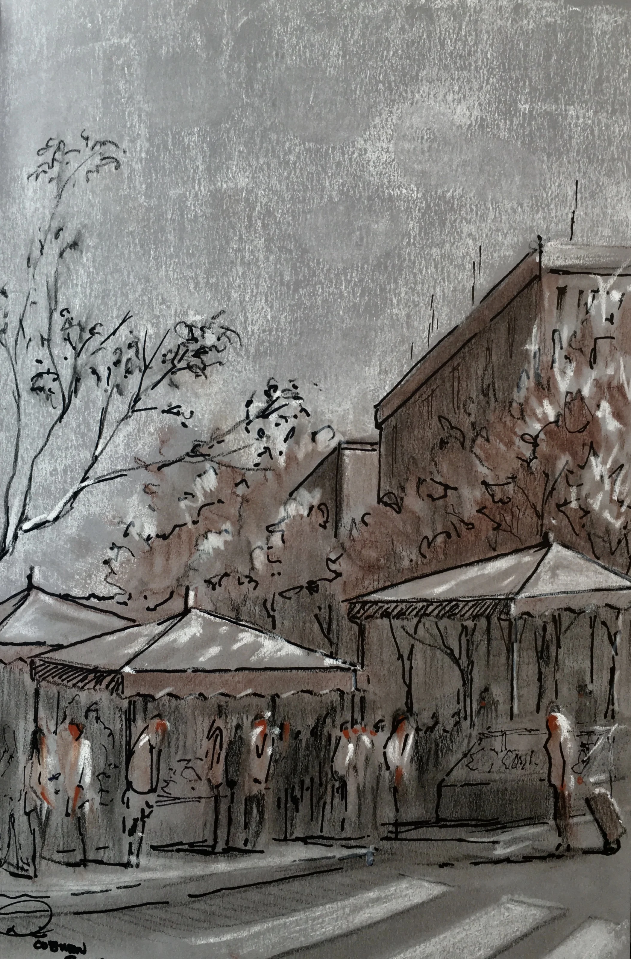 Le Marché de Edgar Quinet - Ink/Charcoal/Chalk on Grey Paper 17cm x 11cm €PRICES ON REQUEST€