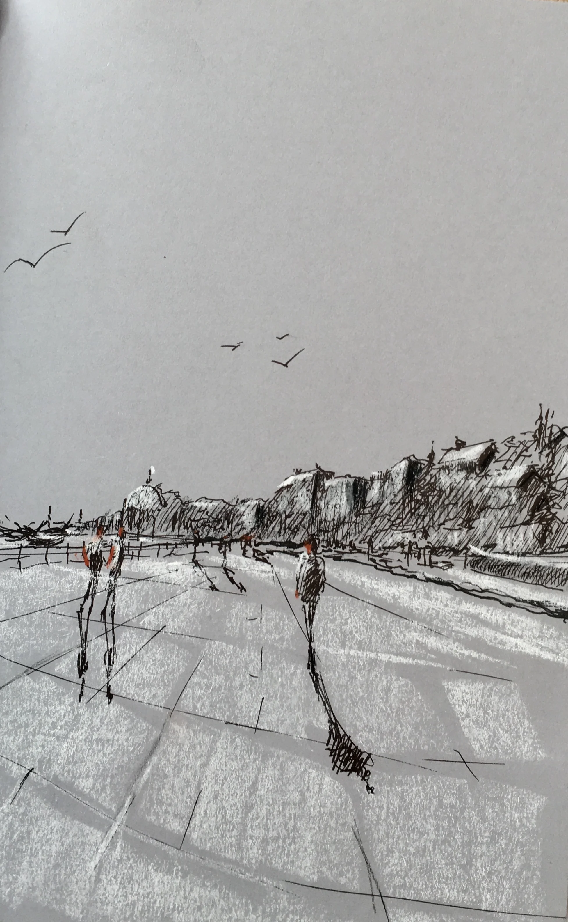 Sunset Seaside Stroll du Sud - Ink/Charcoal/Chalk on grey paper 22cm x 17cm €PRICES ON REQUEST€