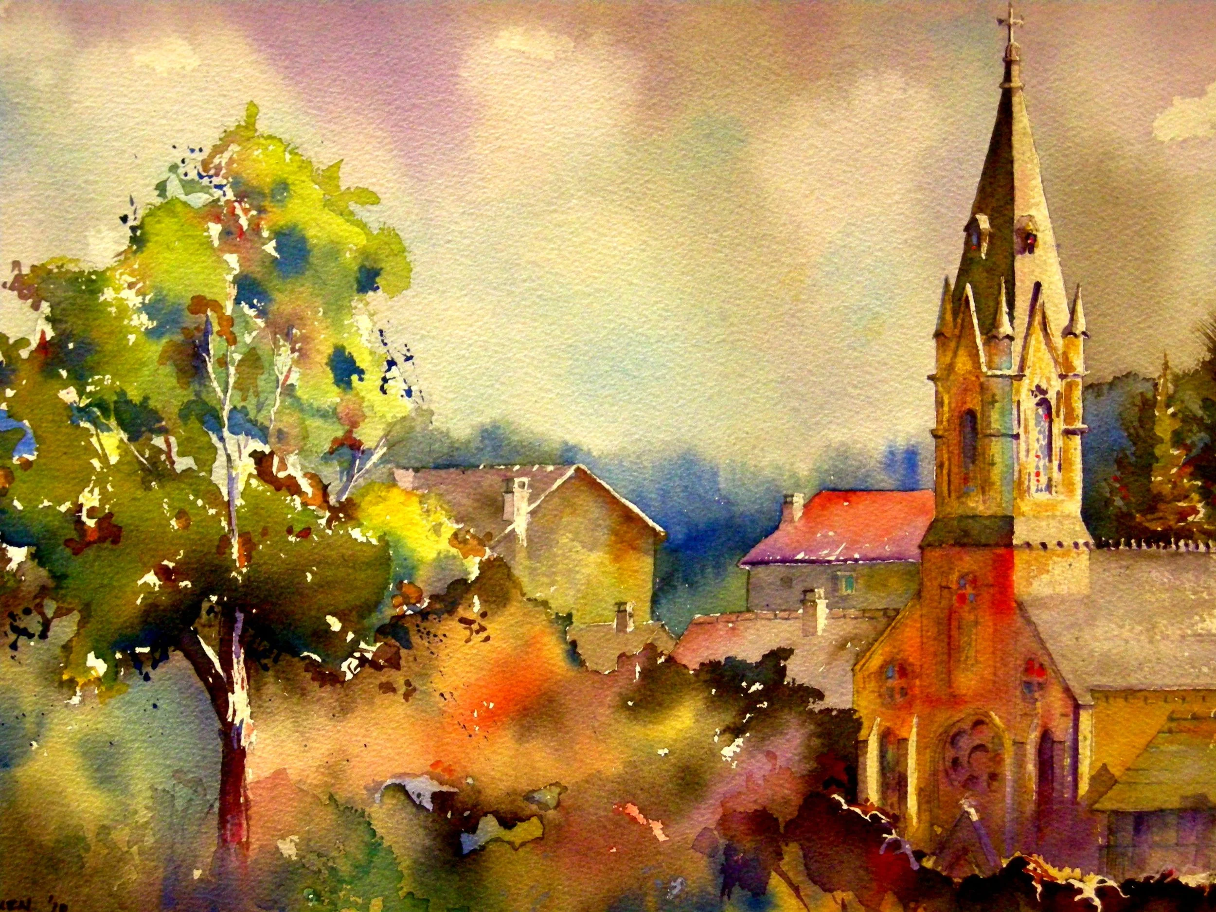 Tence Church Sunset - Watercolor 59cm x 38cm €SOLD€