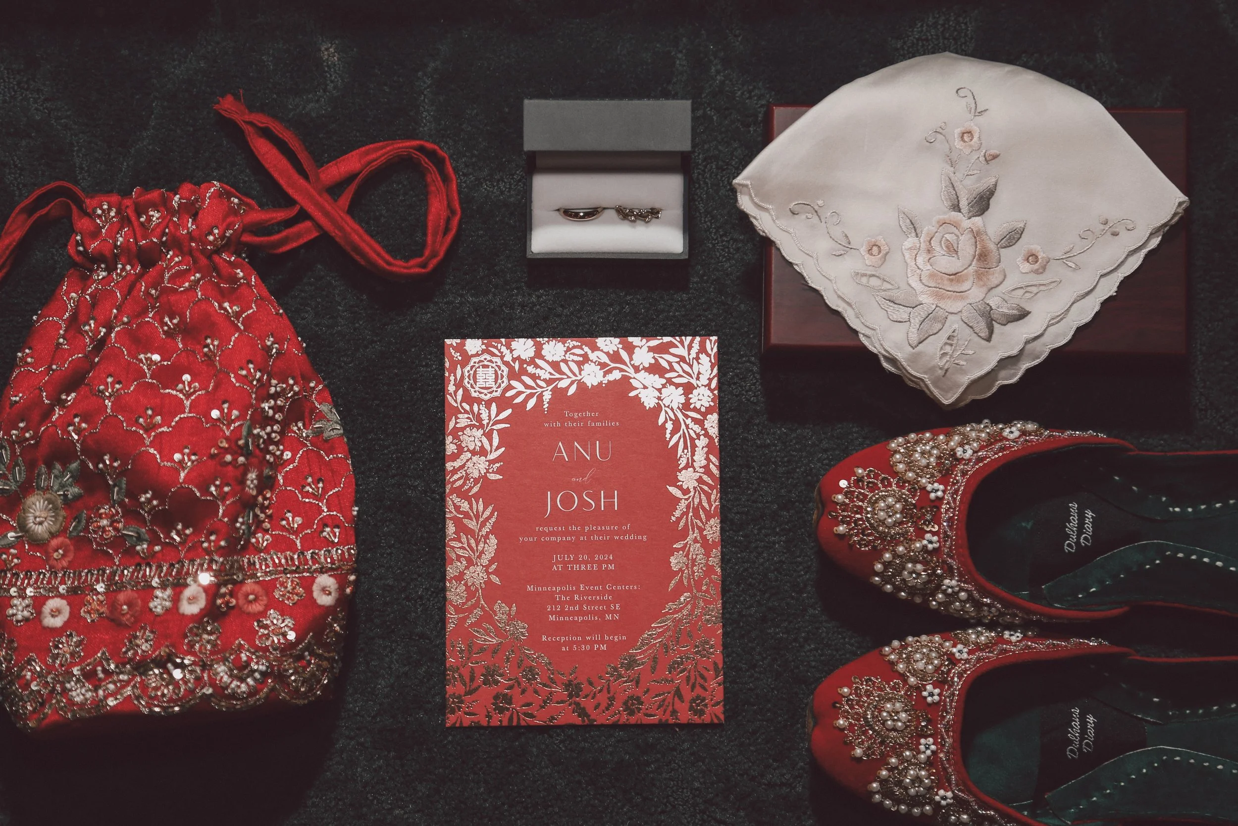 Invitation flatlay with custom logo for Chinese/Indian/American wedding