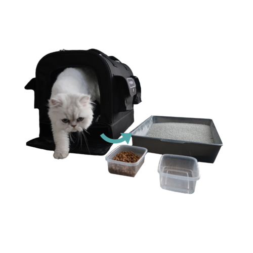 Kitty Obsession Cat Carrier is completely sanitary . The carrier is made out of durable, wipeable fabric. The interior faux fur pad is removable and washable. The food and water containers, scooper, and litter box are washable and should be sanitized with dish soap after each use. The scooper snaps open at bottom and top for easy cleaning.